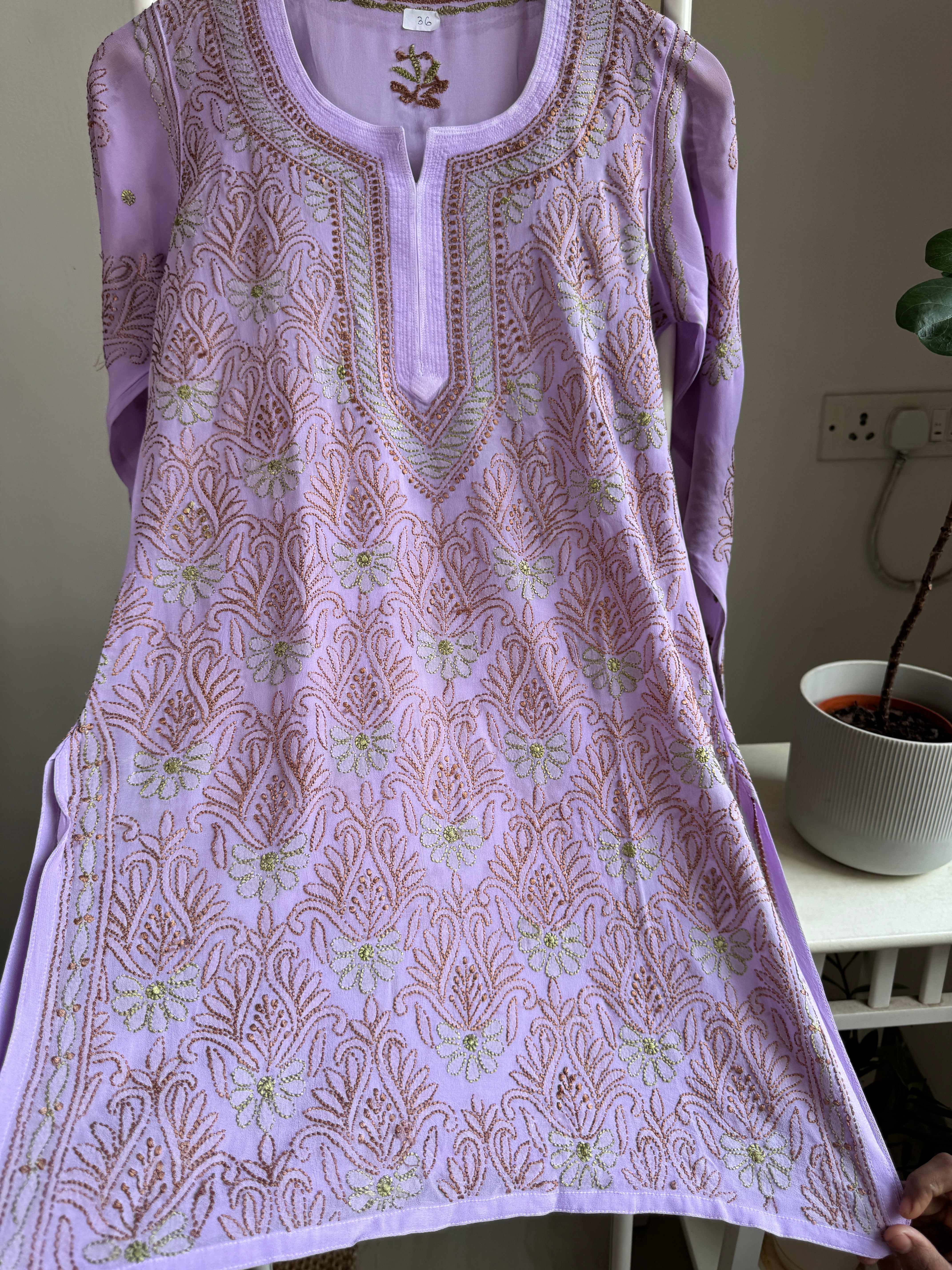 Chikankari Viscose Georgette short Top in Lavander Multi Thread ARIAA CHIKANKARI