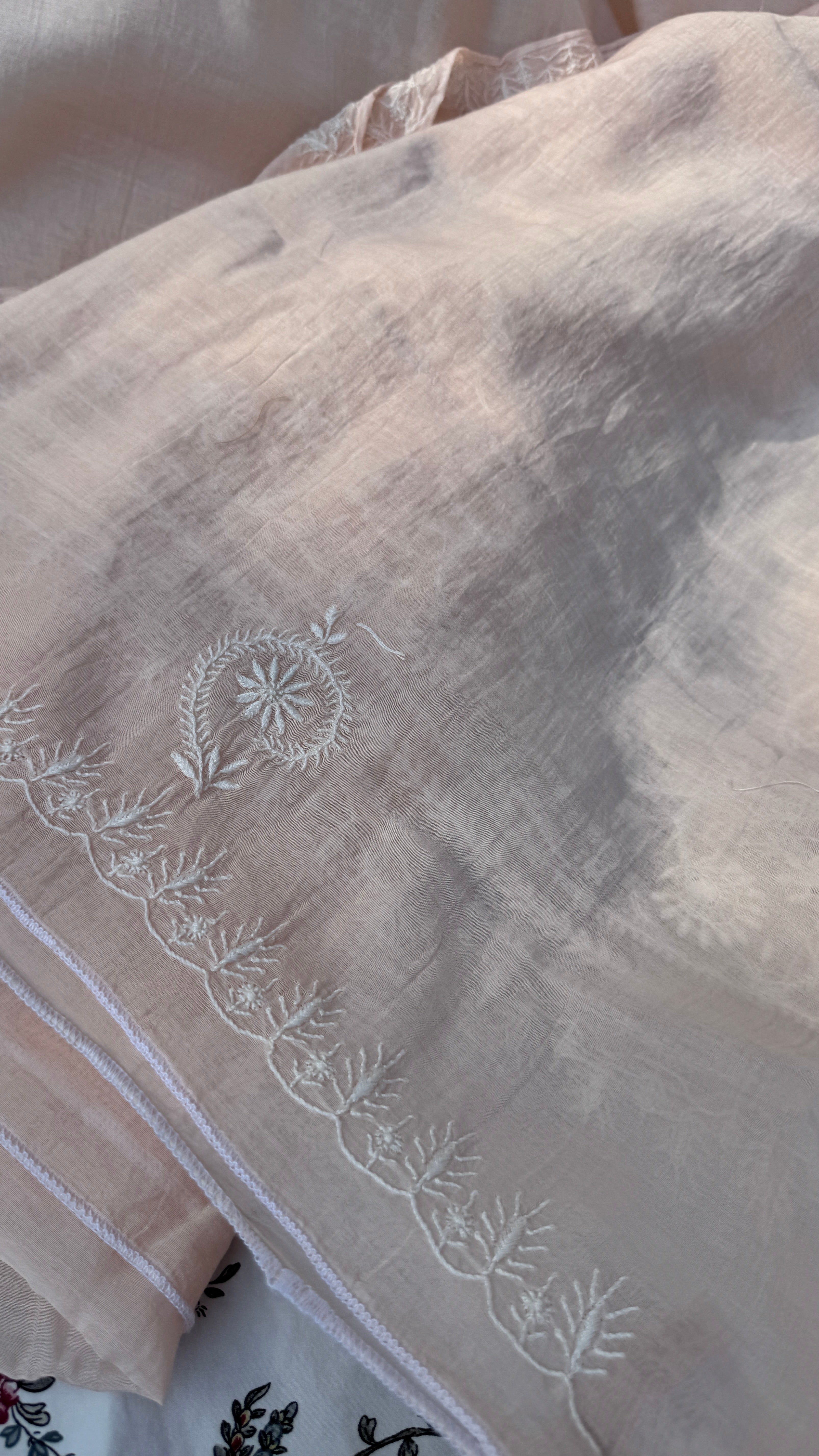 Pure Mul Chanderi Chikankari saree in Pale Pink