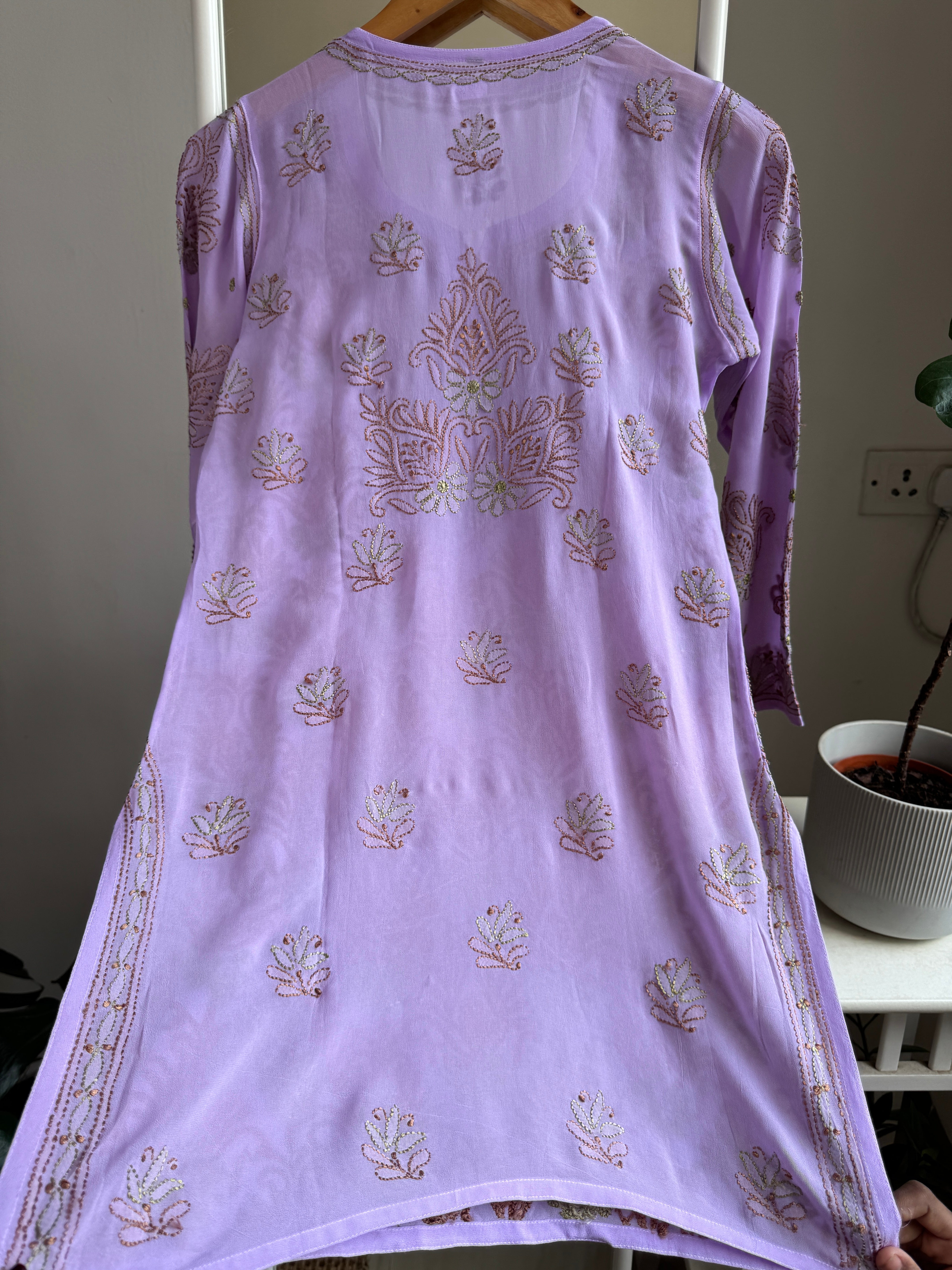 Chikankari Viscose Georgette short Top in Lavander Multi Thread ARIAA CHIKANKARI