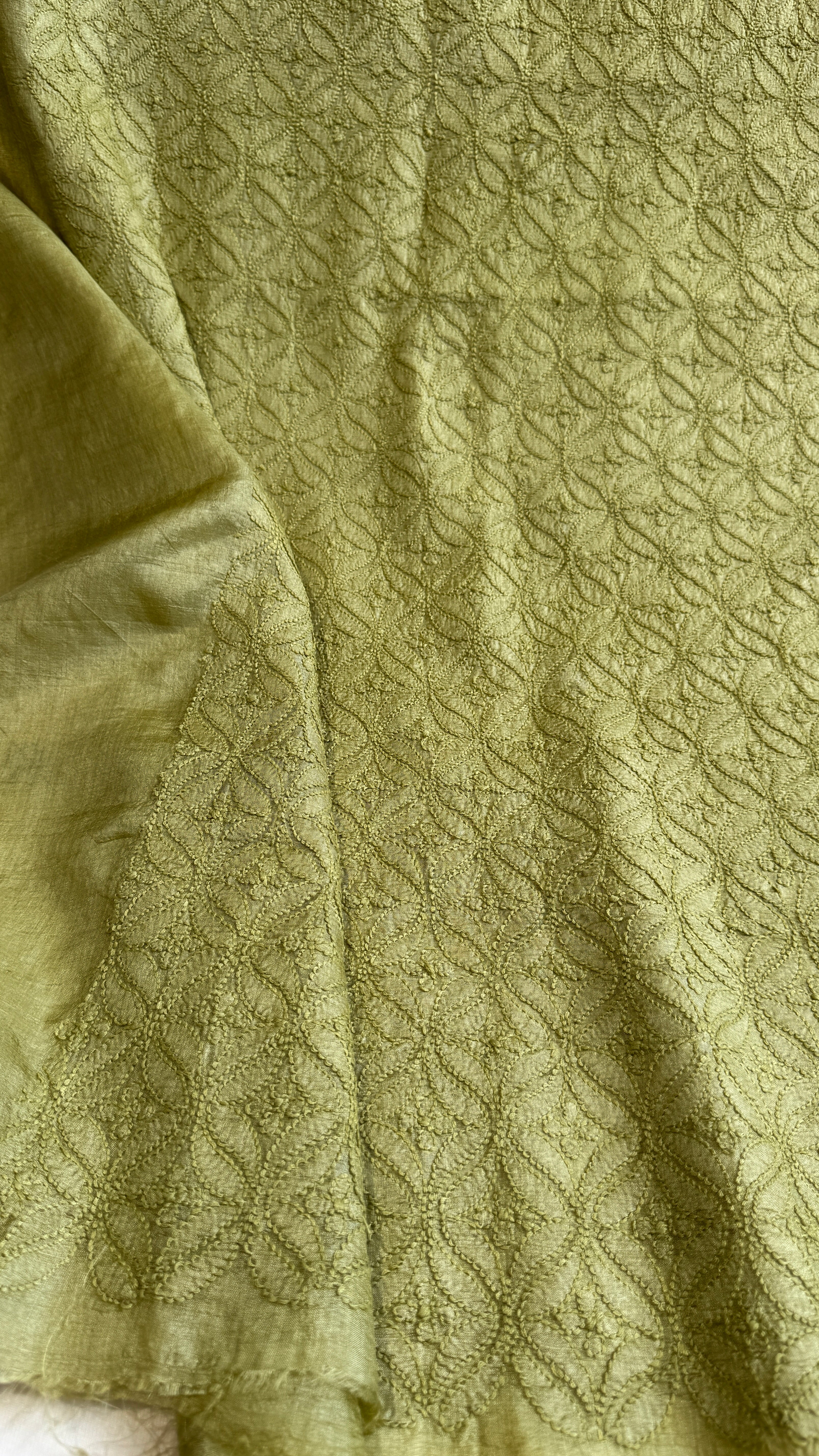 Pure Tussar Silk Chikankari Kurta Length - Mens- Green