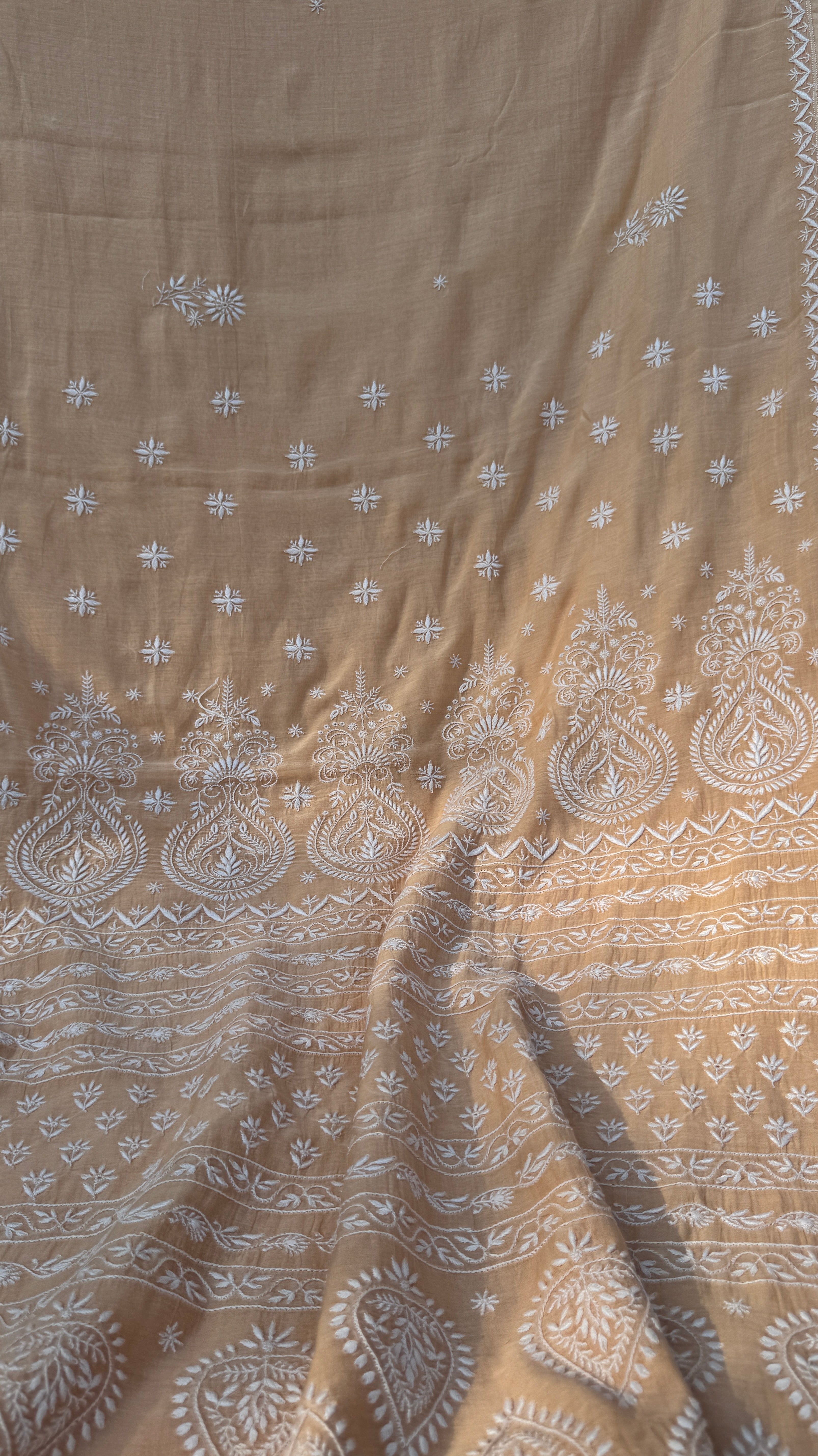 Pure Mul Chanderi Chikankari saree in Beige