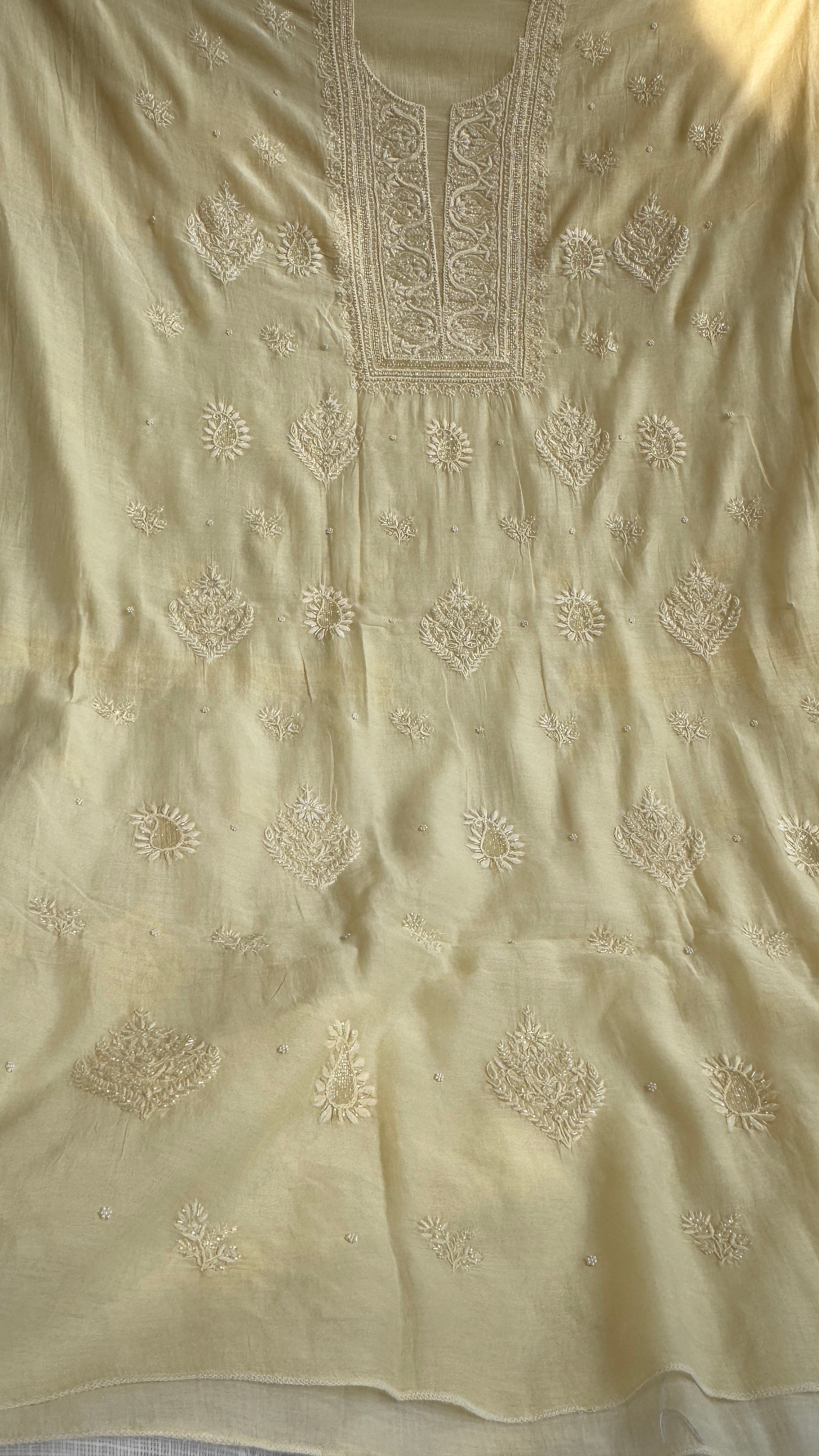 Mul Chanderi Chikankari Length with Dupatta (with Pearl) - Lemon Yellow