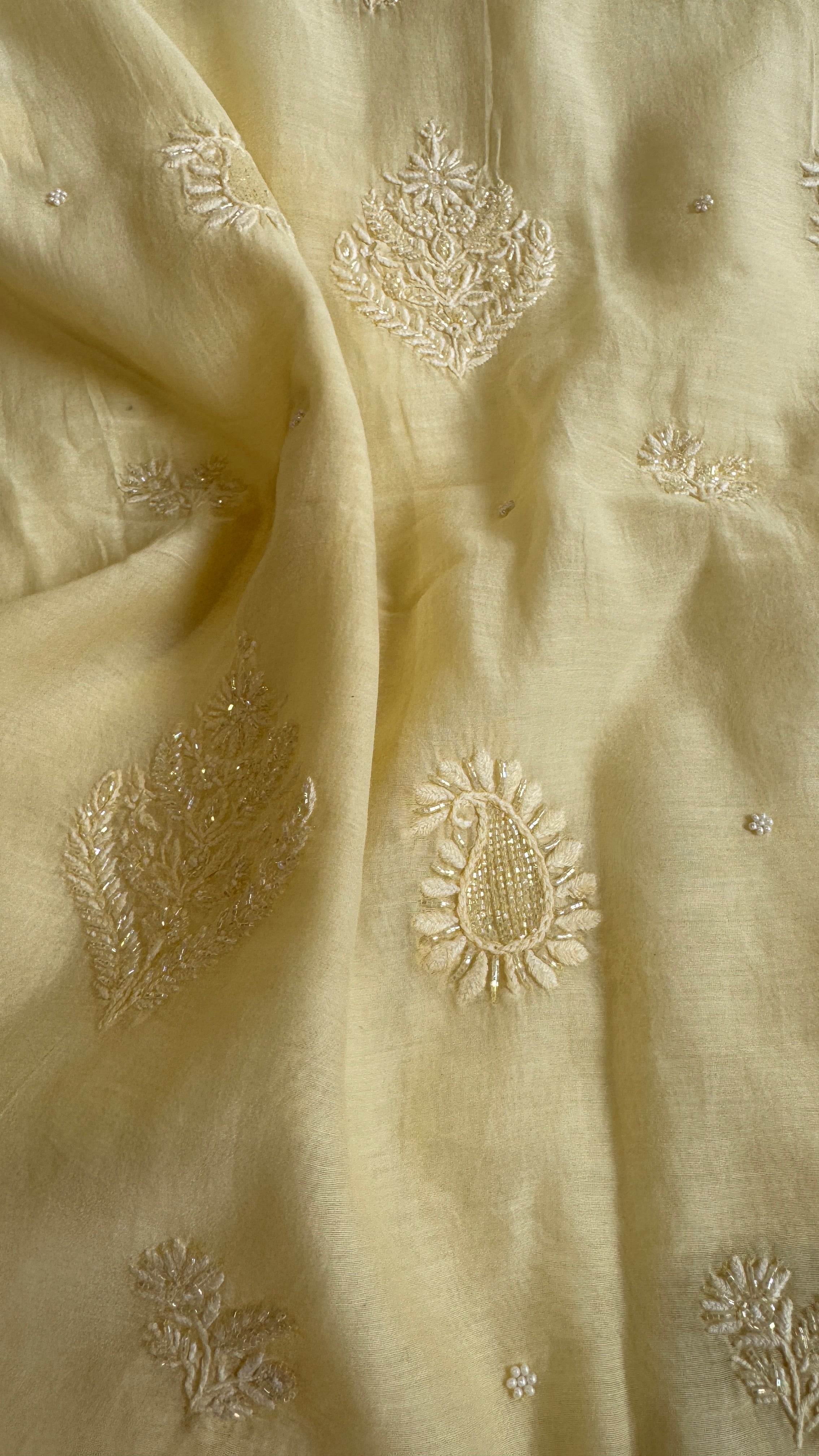 Mul Chanderi Chikankari Length with Dupatta (with Pearl) - Lemon Yellow