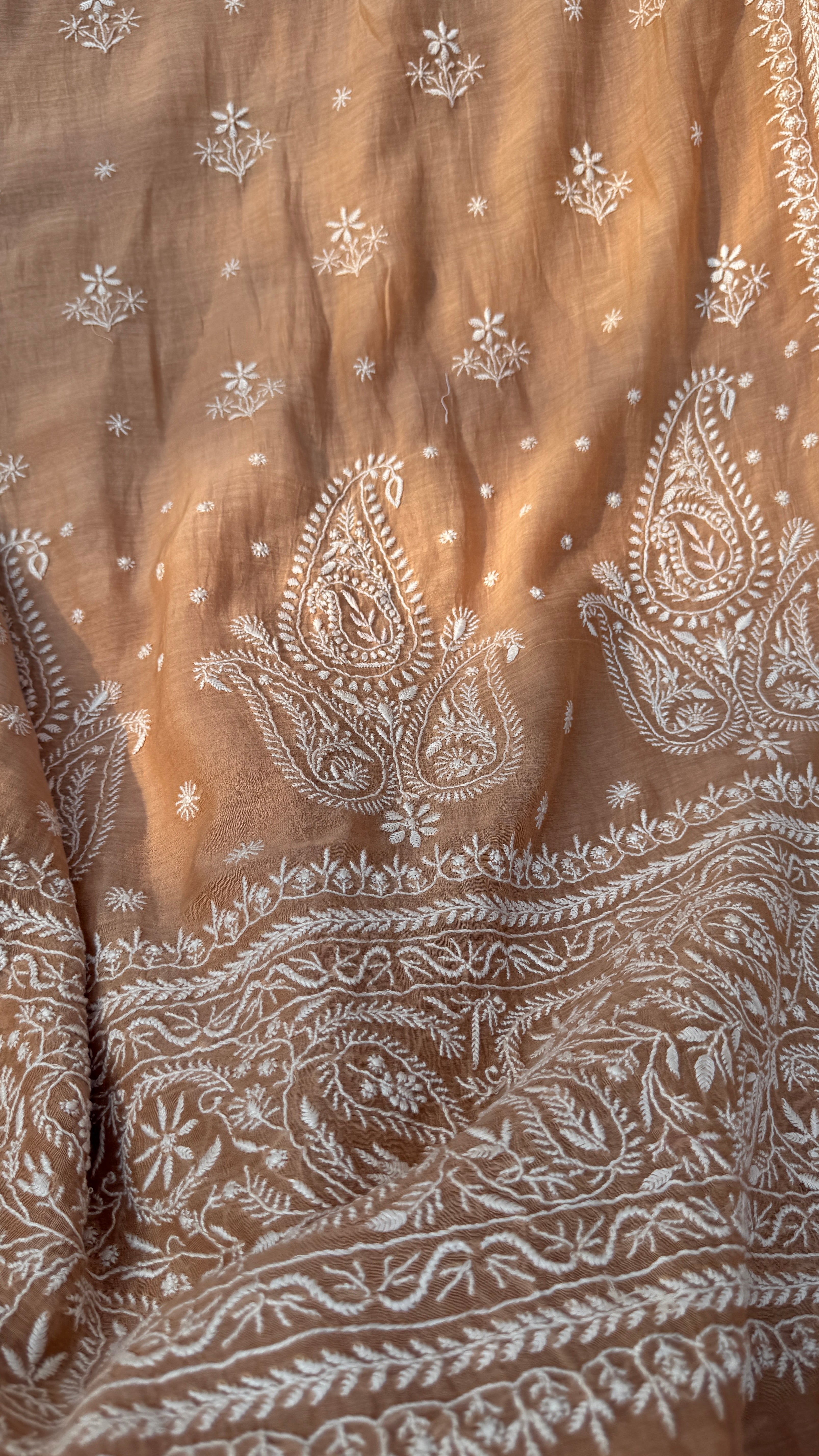 Pure Mul Chanderi Chikankari saree in Brown