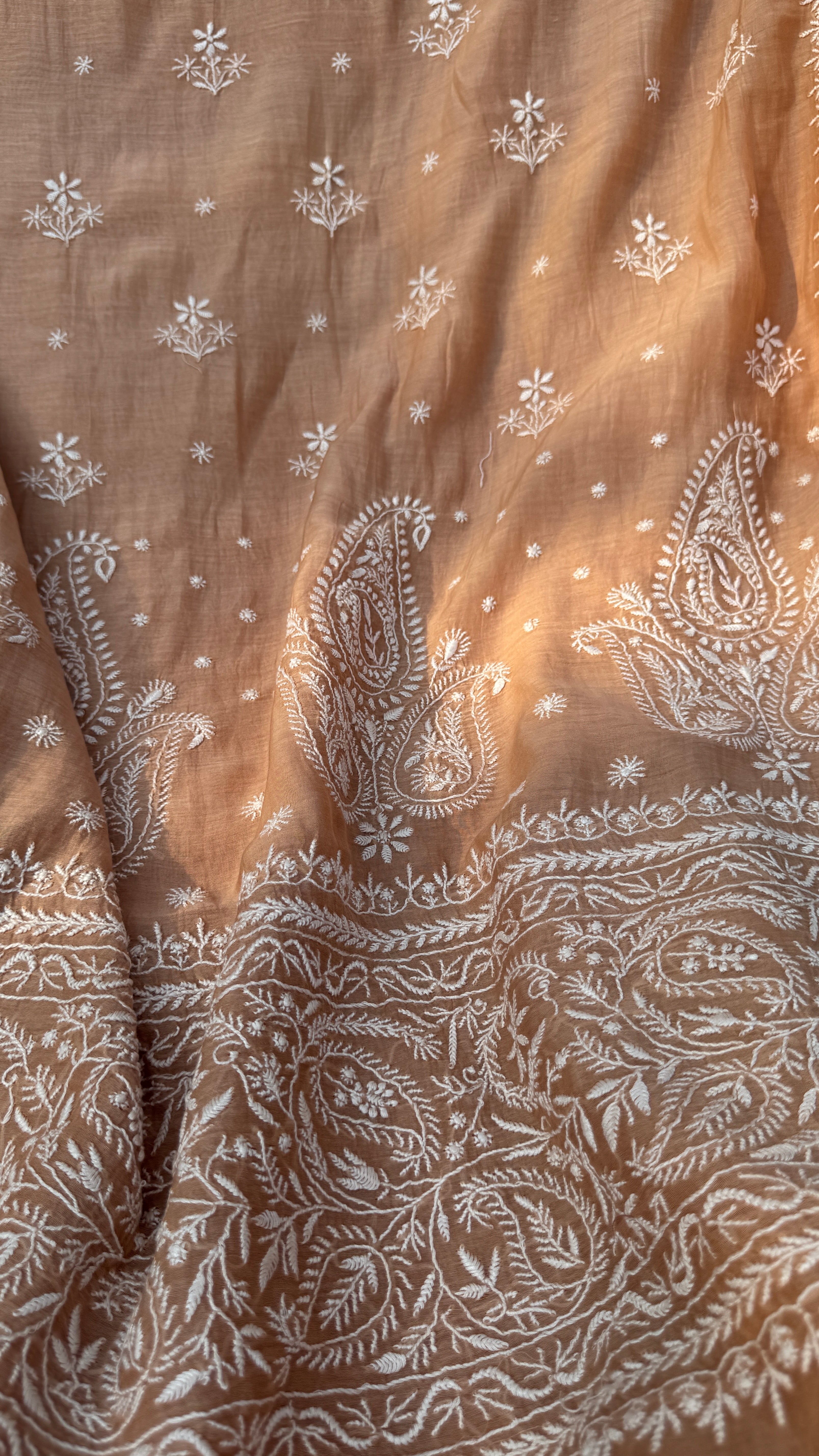 Pure Mul Chanderi Chikankari saree in Brown