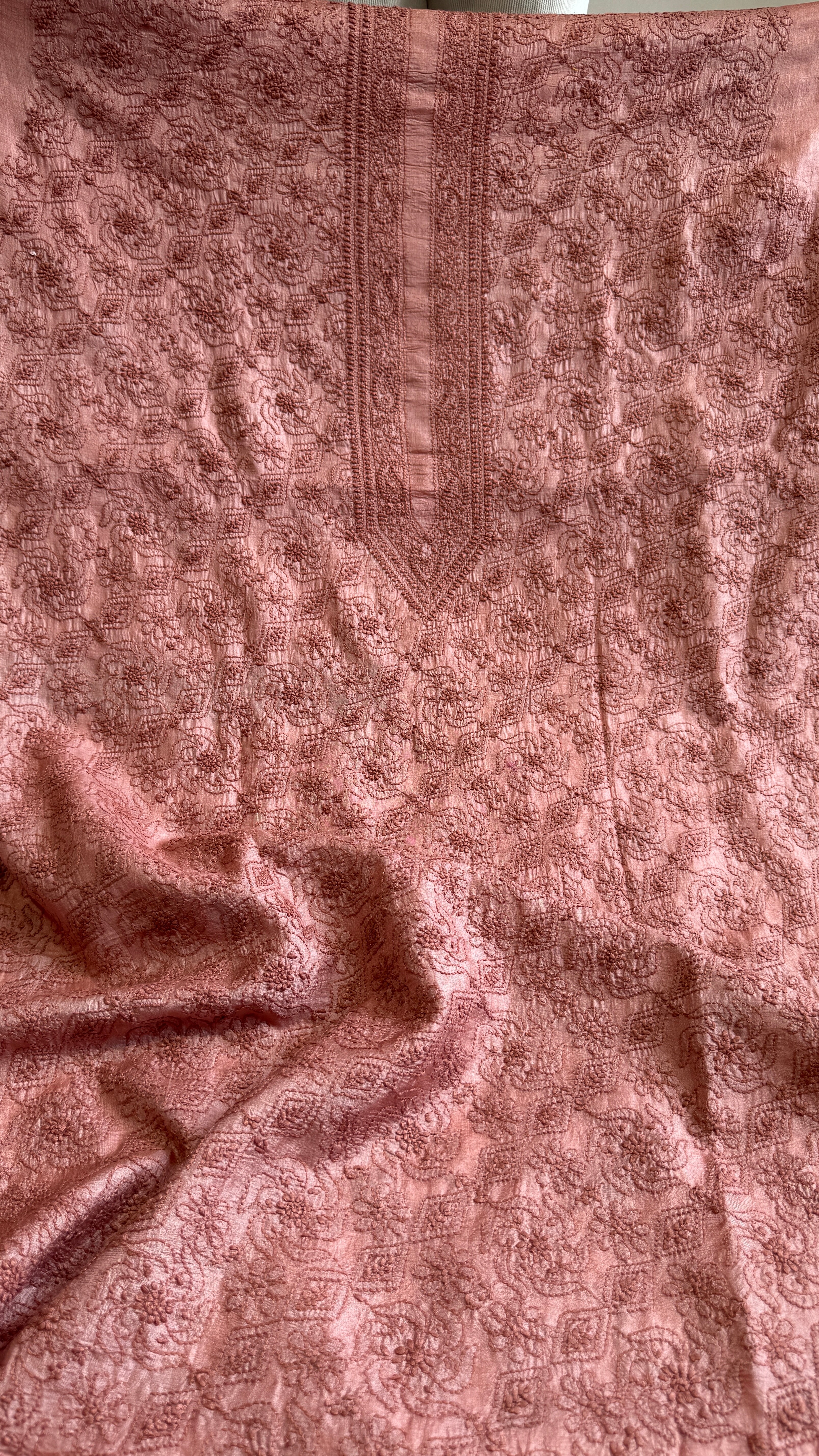 Pure Tussar Silk Chikankari Kurta Length - Mens- Rosewood