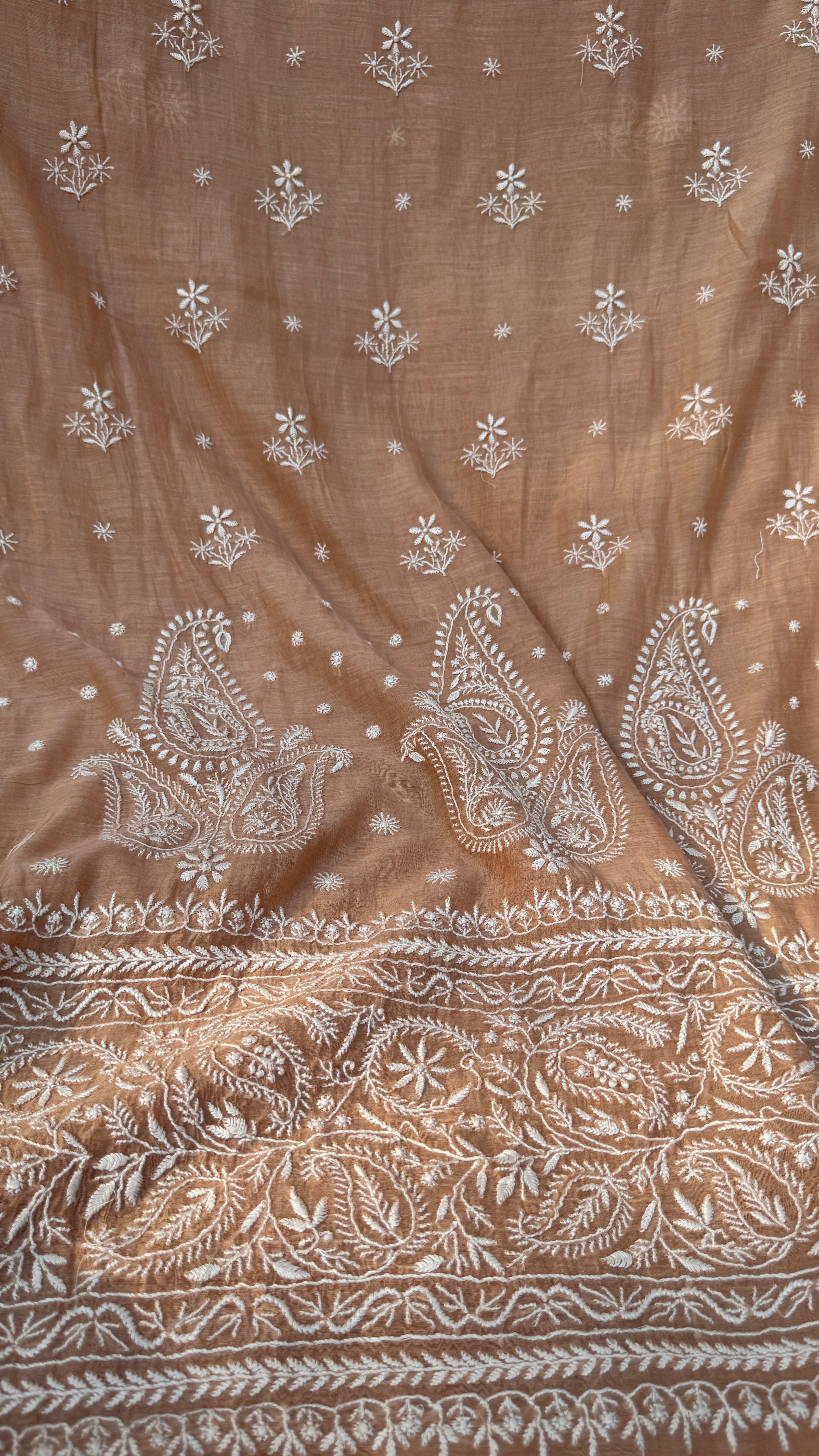 Pure Mul Chanderi Chikankari saree in Brown