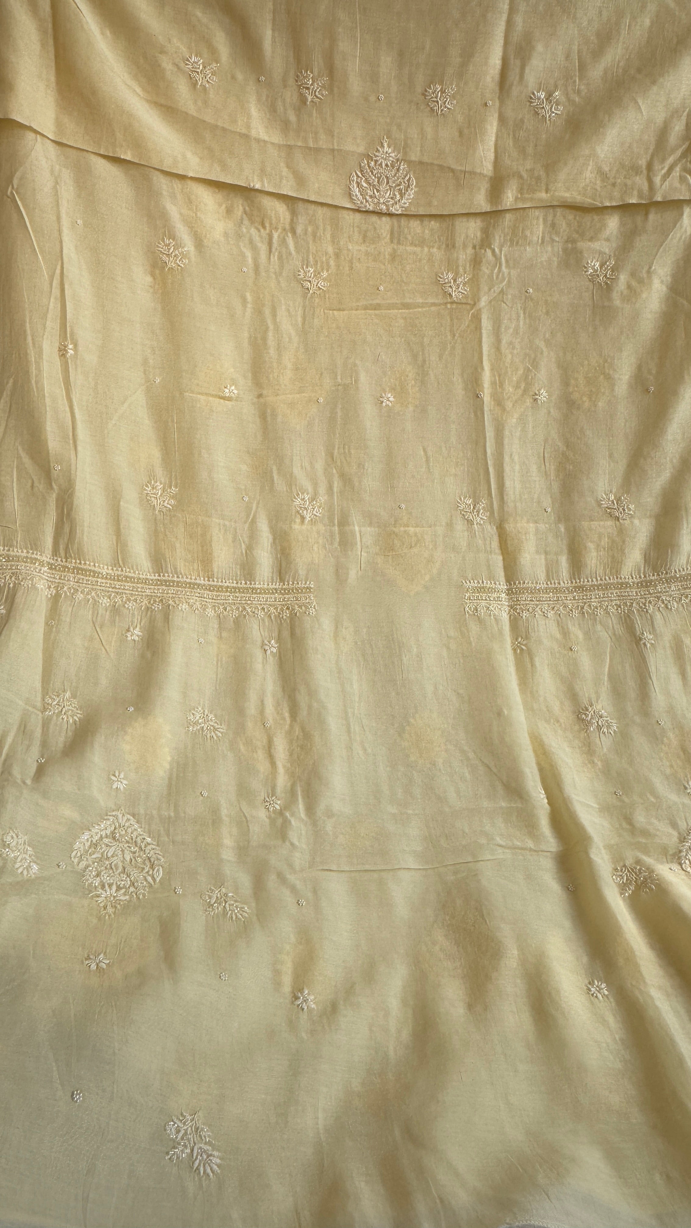 Mul Chanderi Chikankari Length with Dupatta (with Pearl) - Lemon Yellow