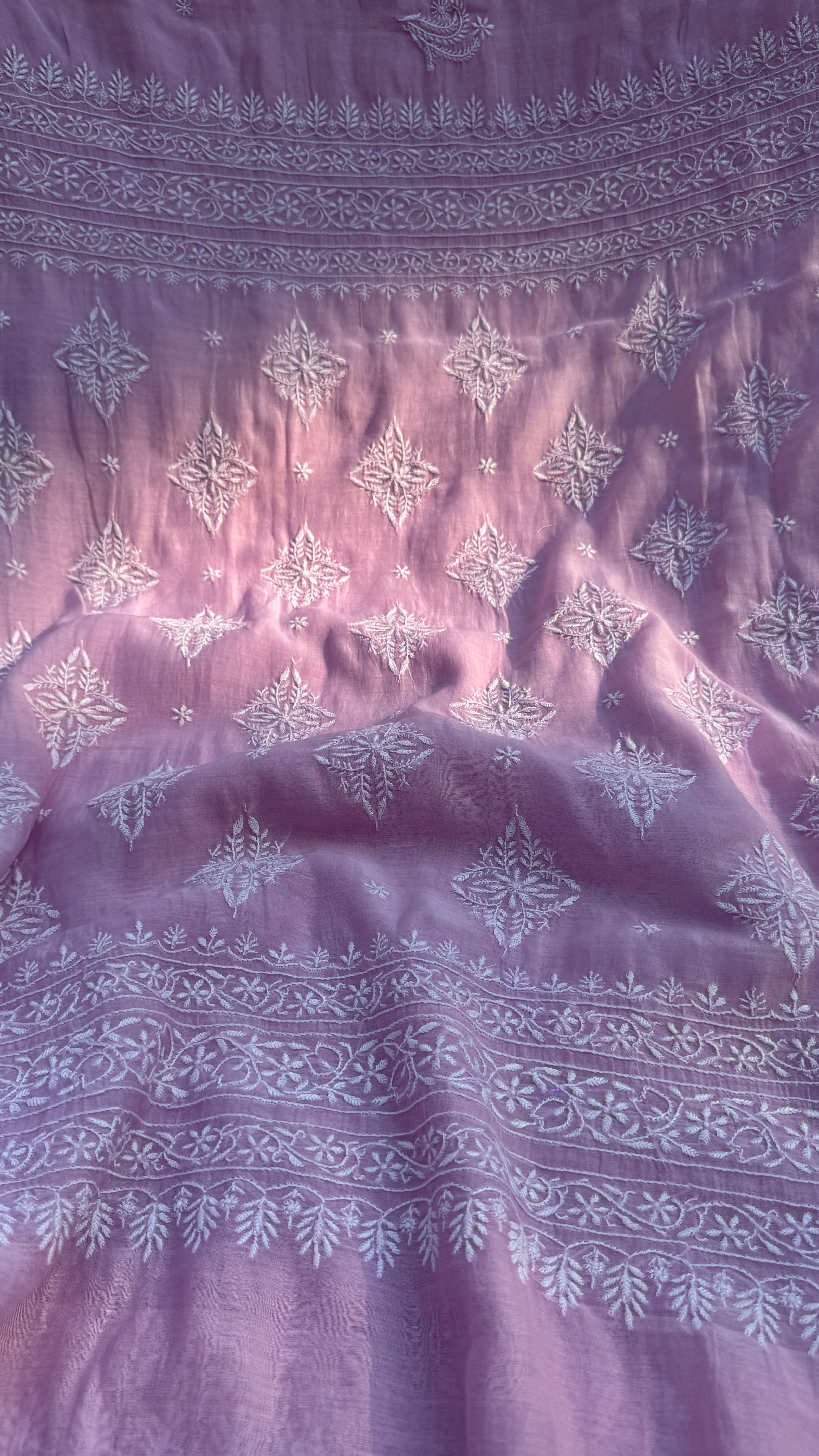 Pure Mul Chanderi Chikankari saree in Lilac