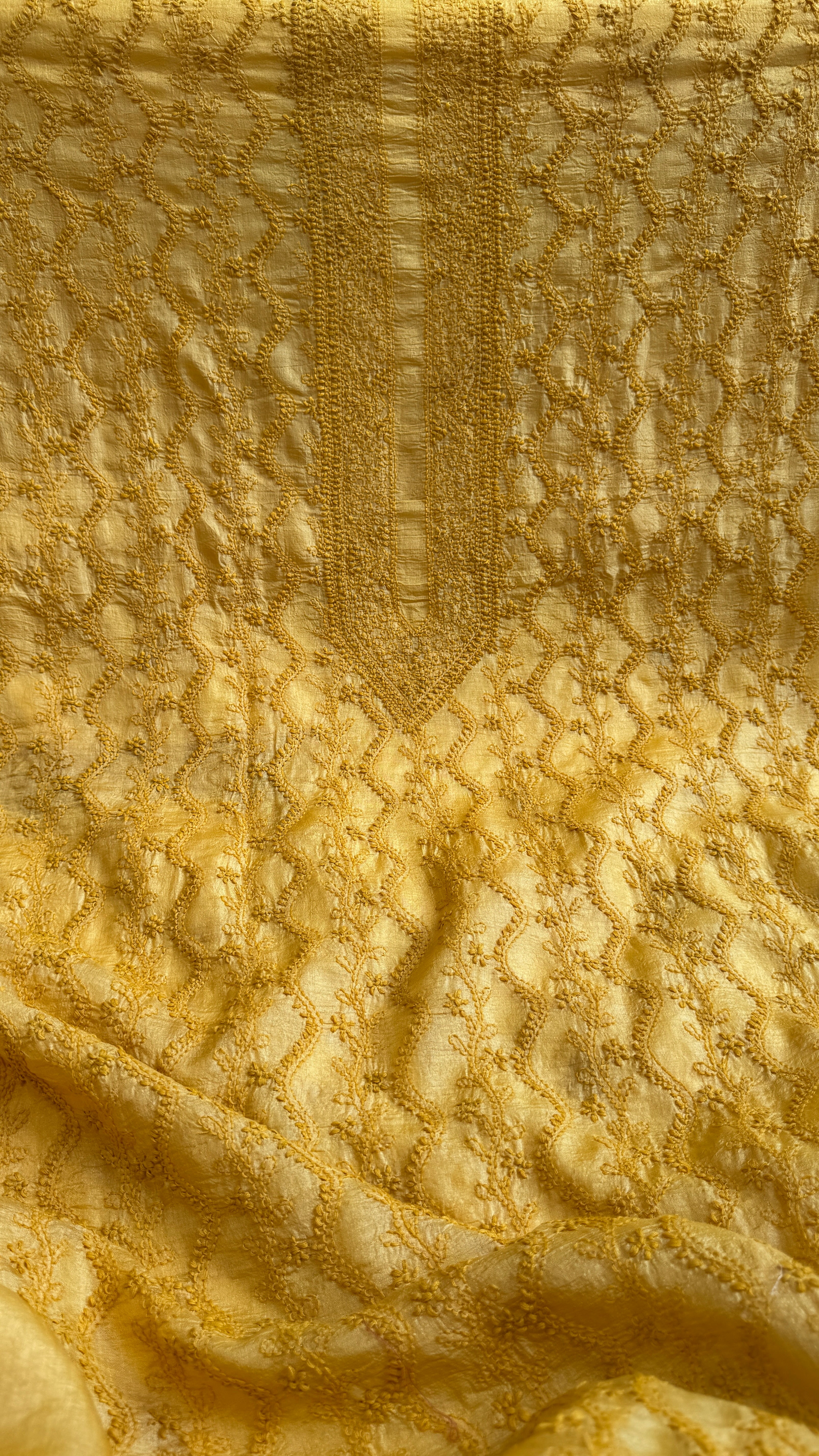 Pure Tussar Silk Chikankari Kurta Length - Mens- Yellow