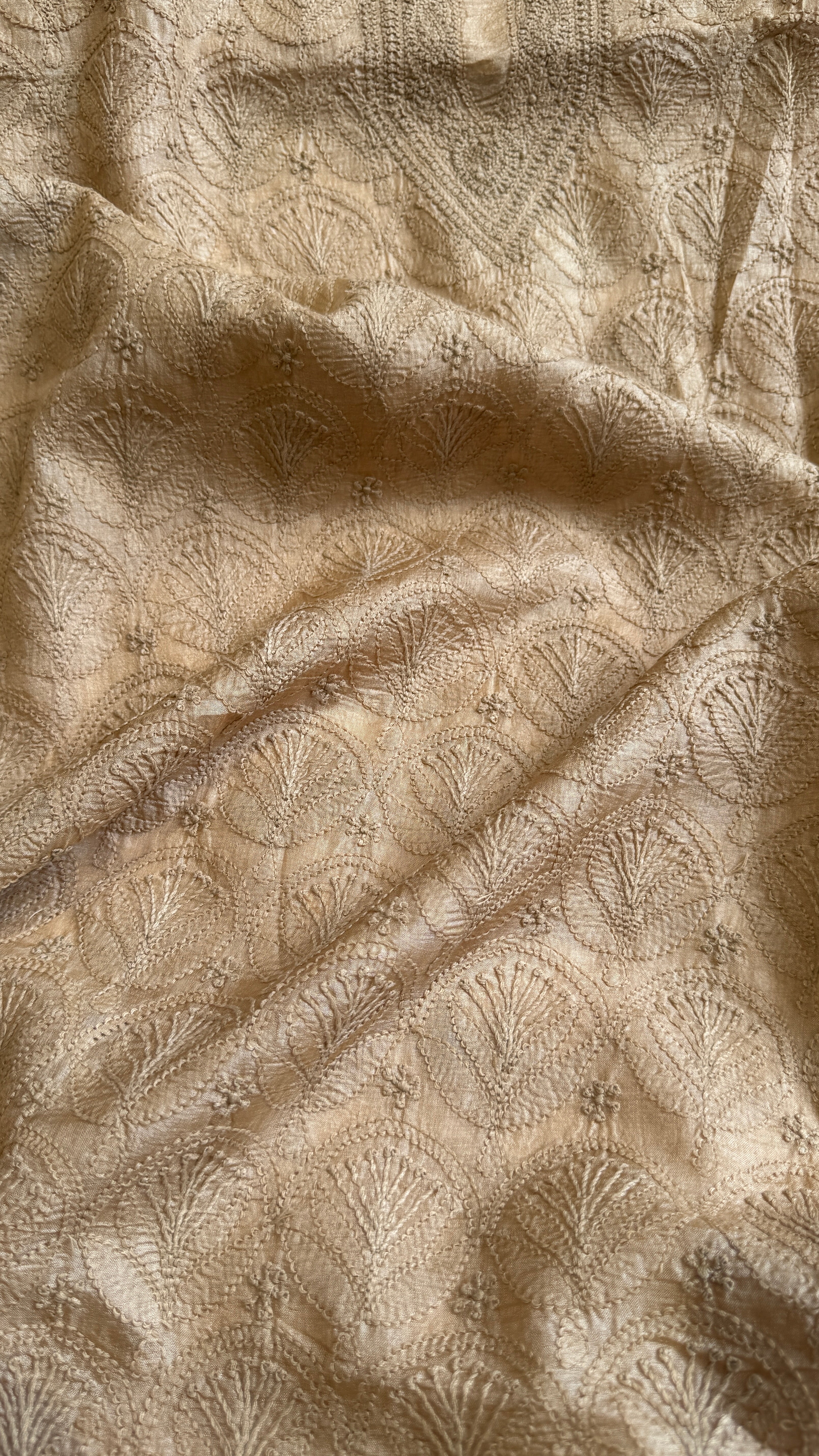 Pure Tussar Silk Chikankari Kurta Length - Mens- Almond Beige