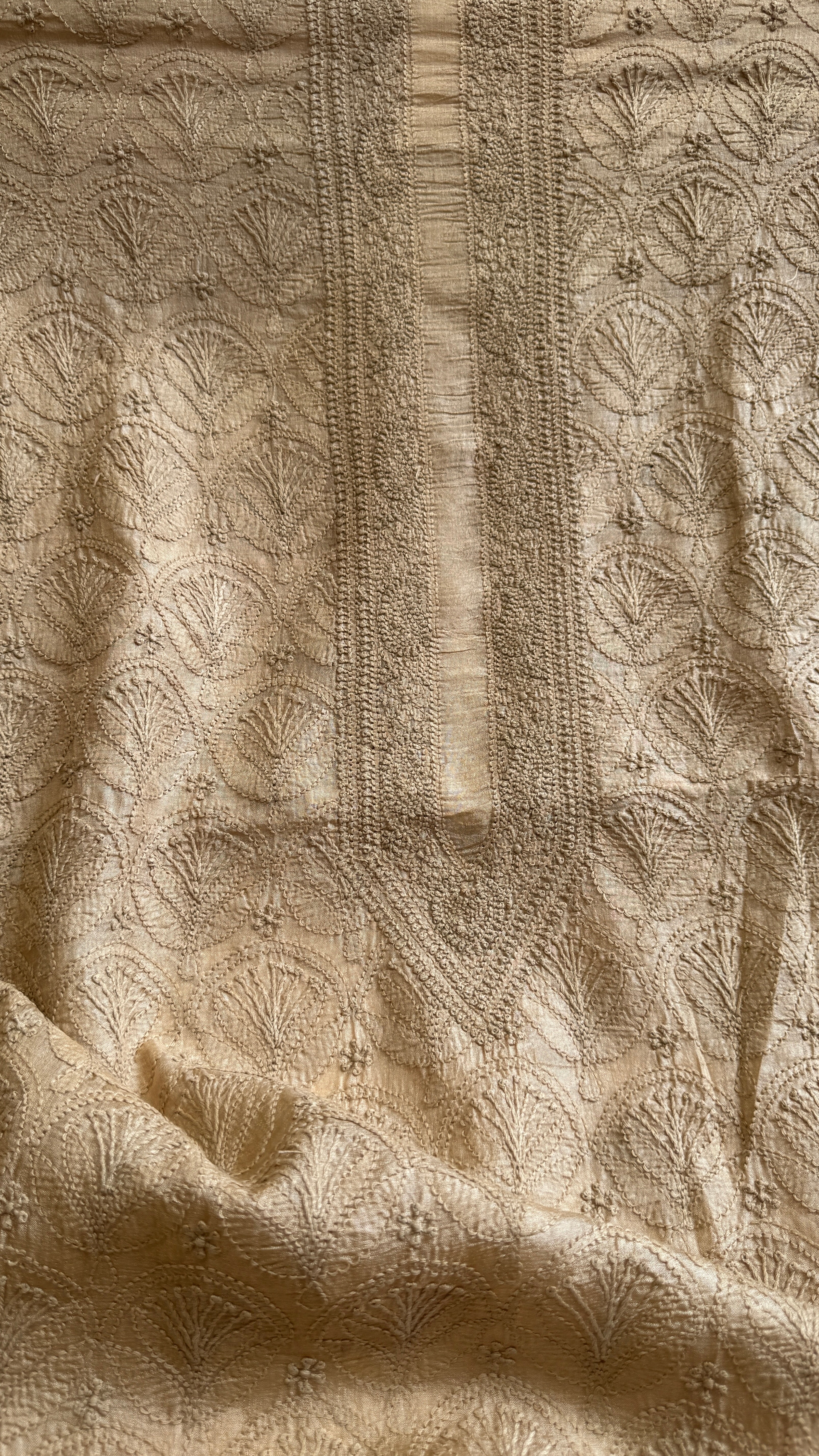 Pure Tussar Silk Chikankari Kurta Length - Mens- Almond Beige