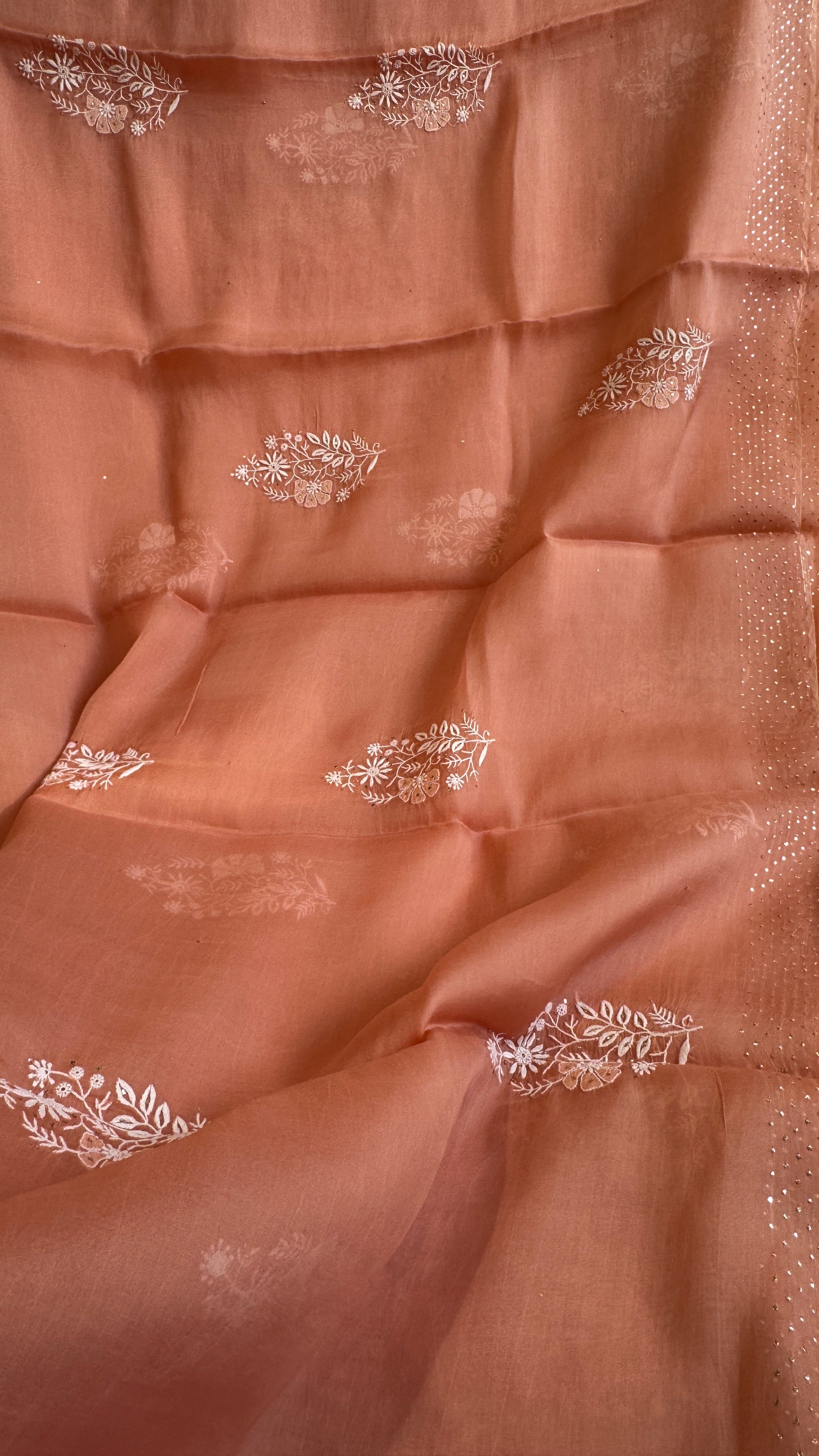 Pure organza Chikankari saree in Peach with Mukaish work