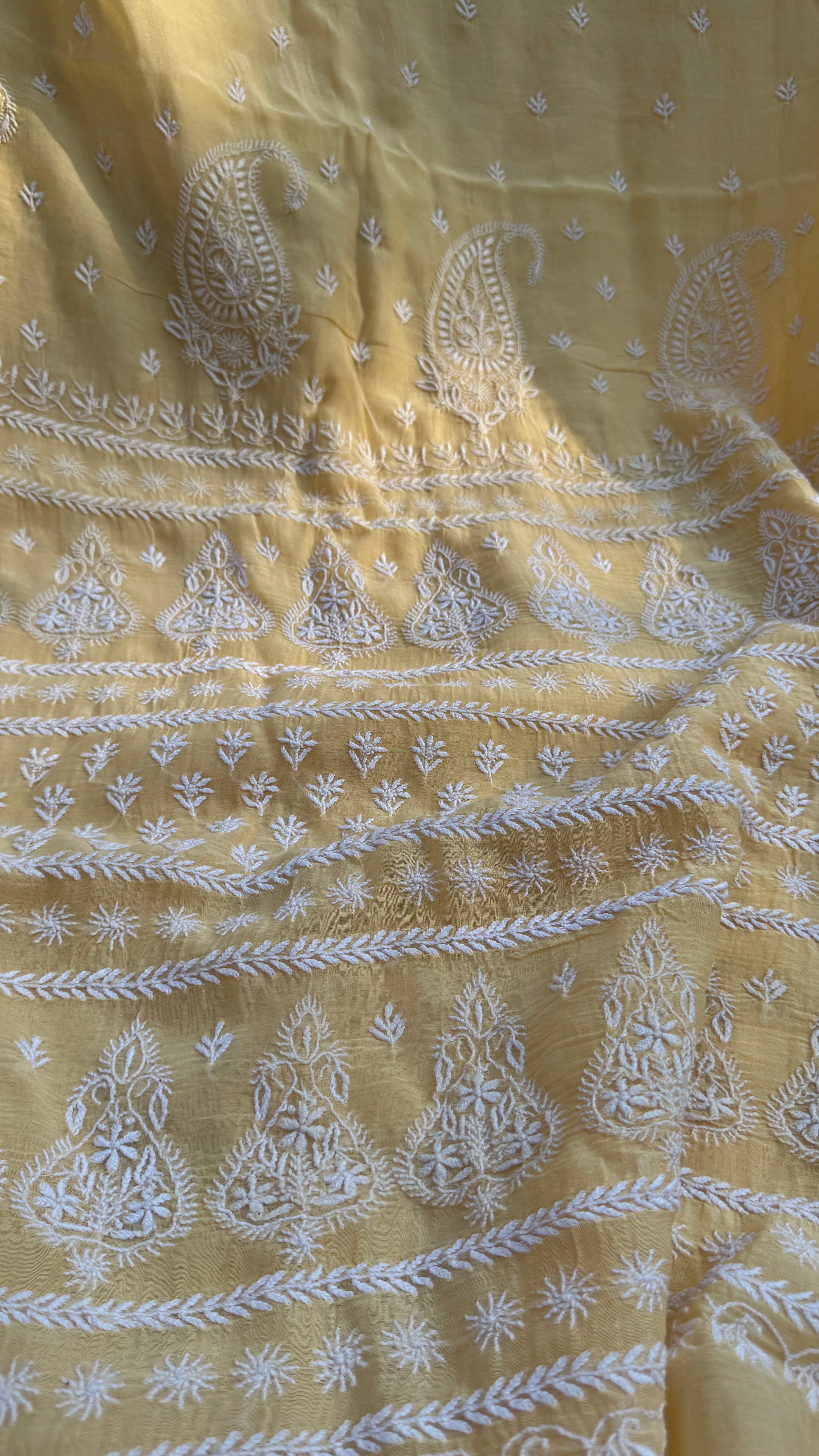 Pure Mul Chanderi Chikankari saree in Cream Yellow