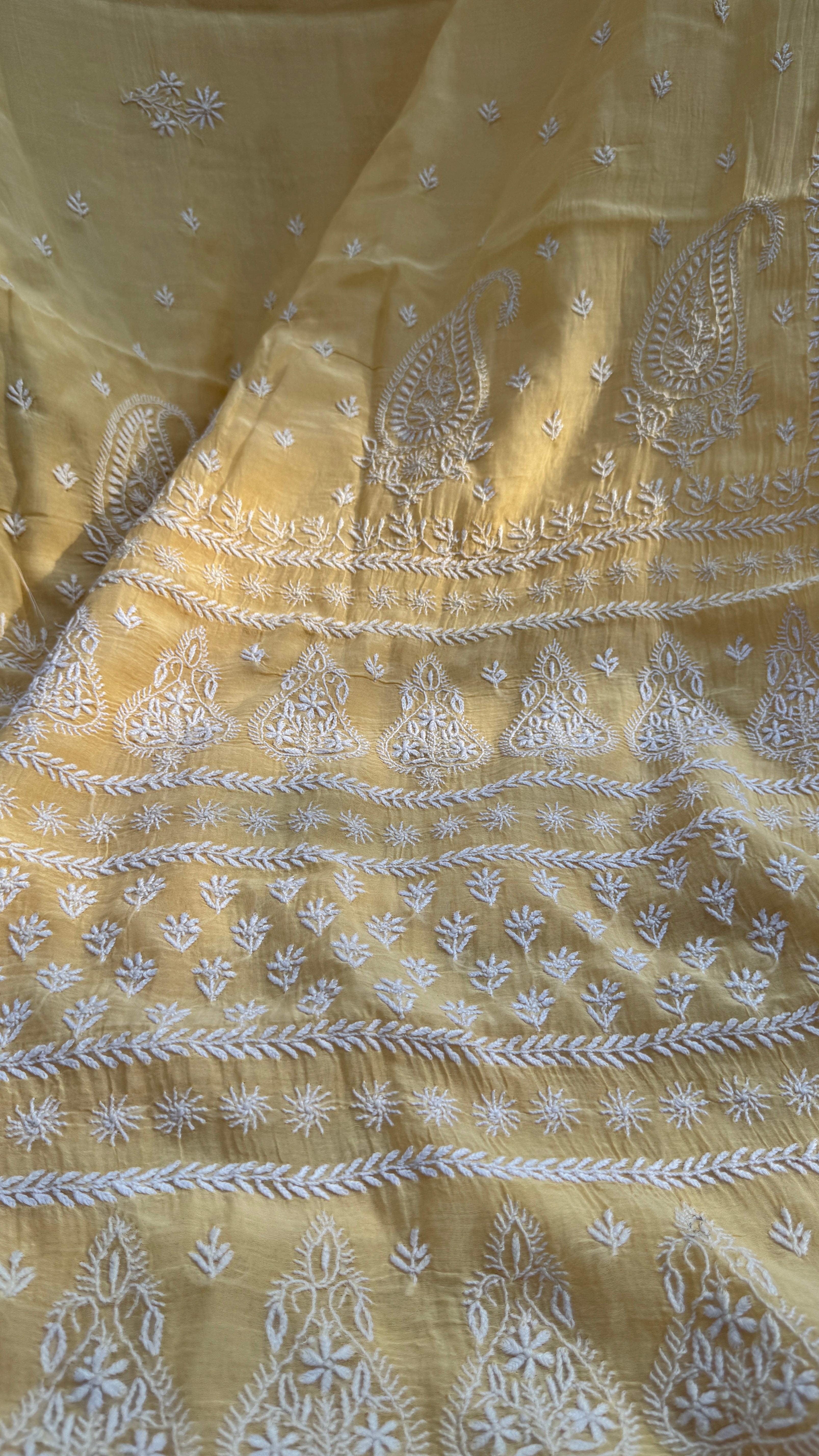 Pure Mul Chanderi Chikankari saree in Cream Yellow