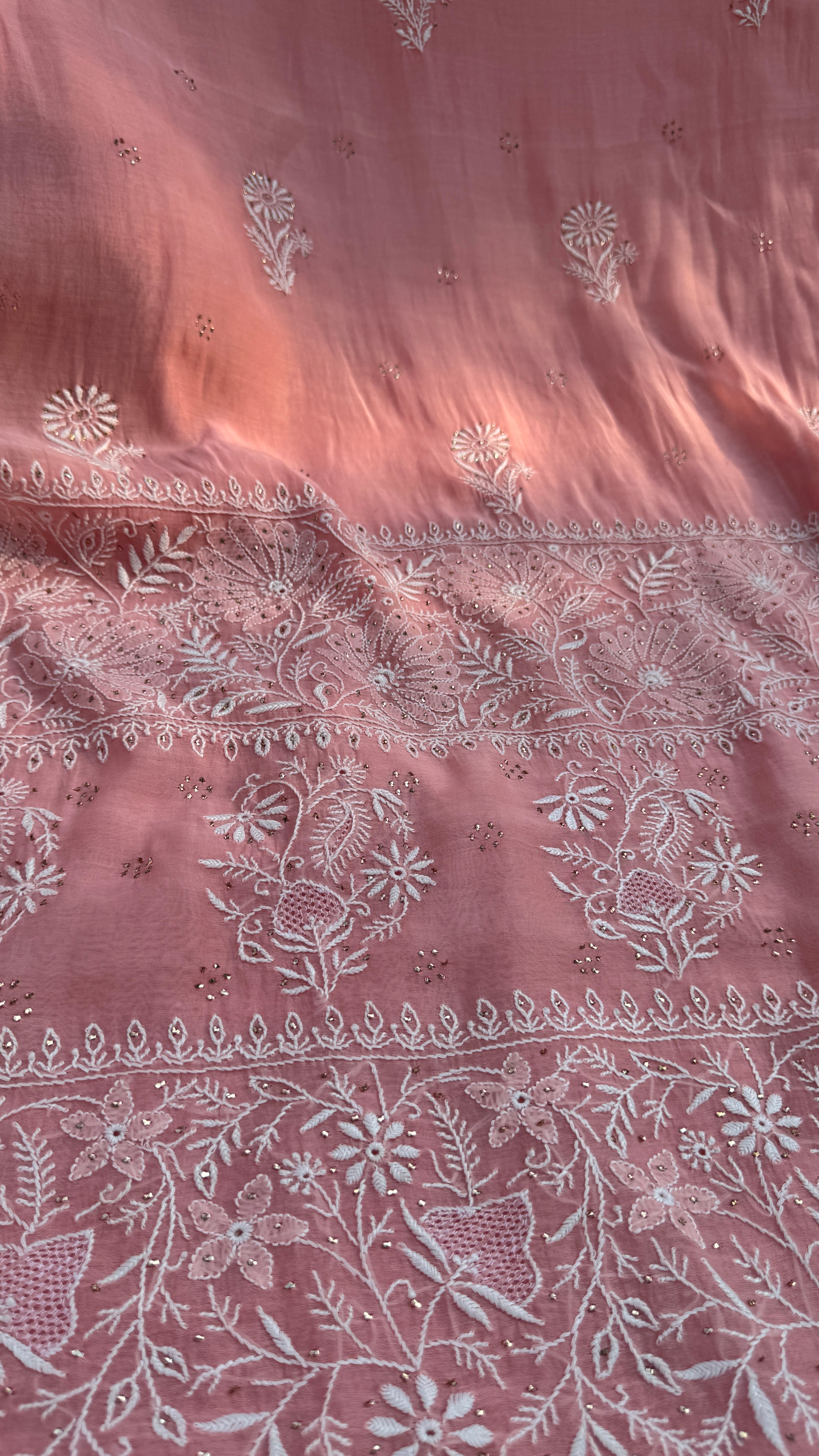 Pure Mul Chanderi Chikankari saree in Rosewood with Mukaish work