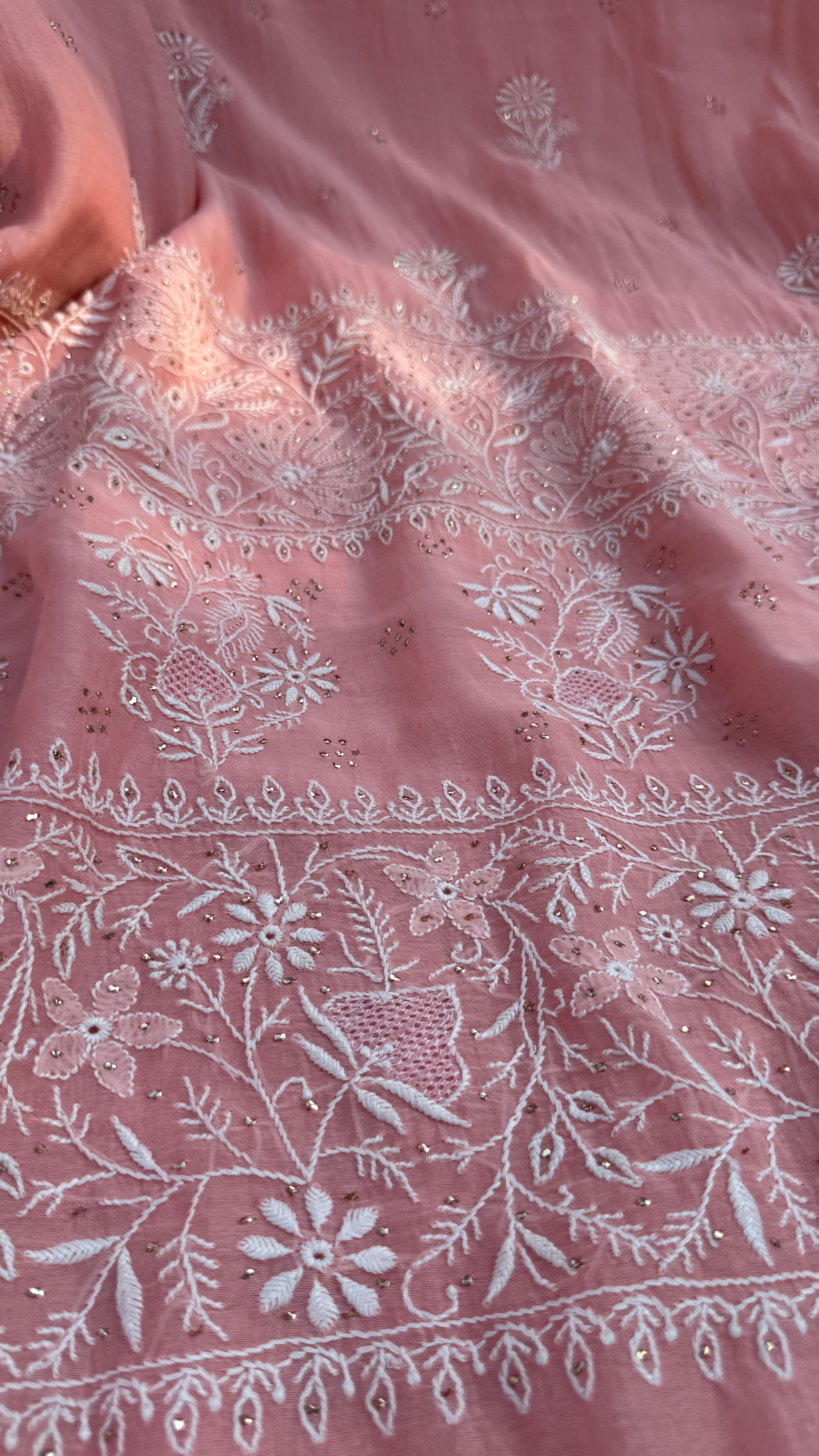 Pure Mul Chanderi Chikankari saree in Rosewood with Mukaish work