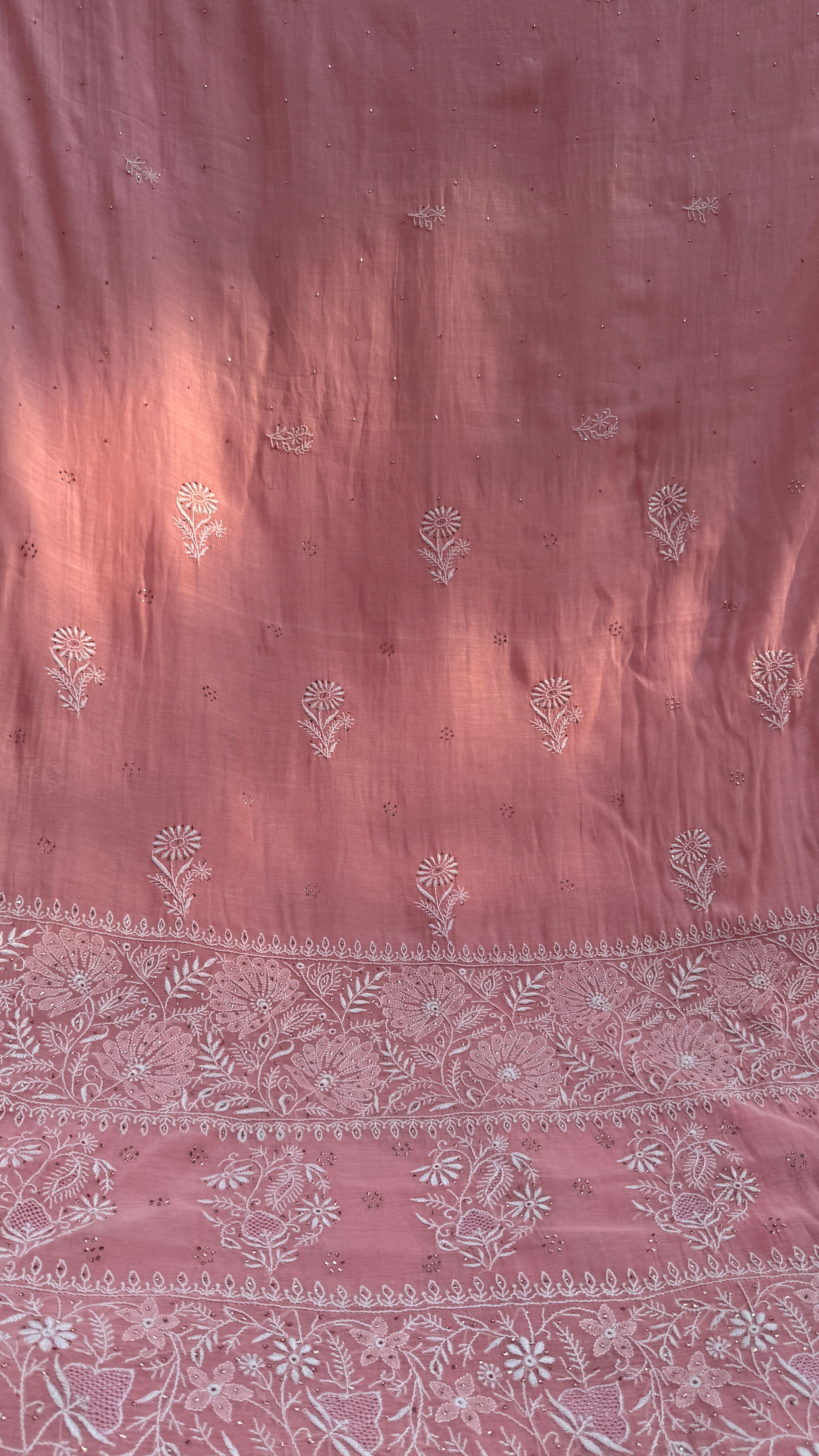 Pure Mul Chanderi Chikankari saree in Rosewood with Mukaish work