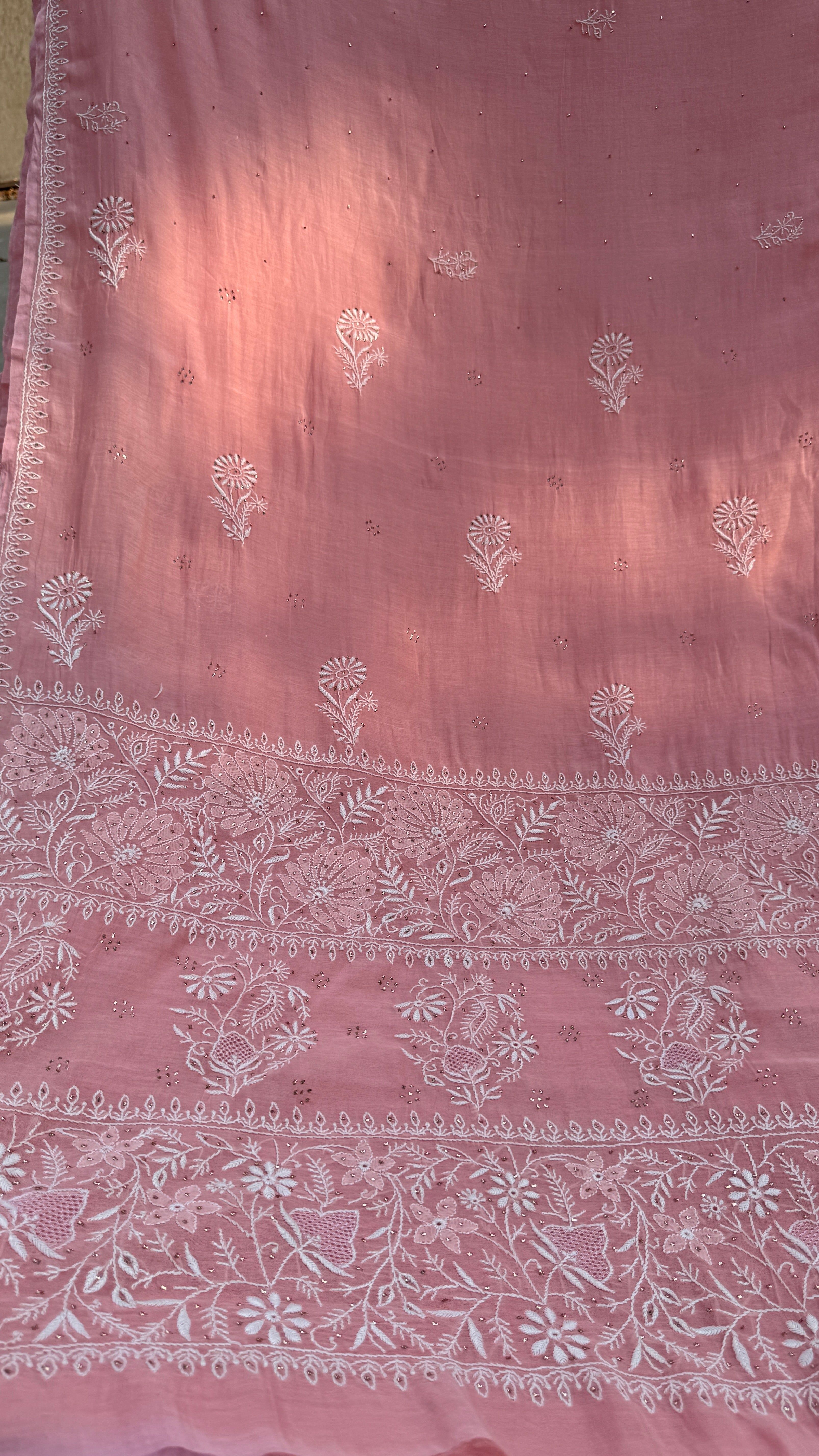 Pure Mul Chanderi Chikankari saree in Rosewood with Mukaish work
