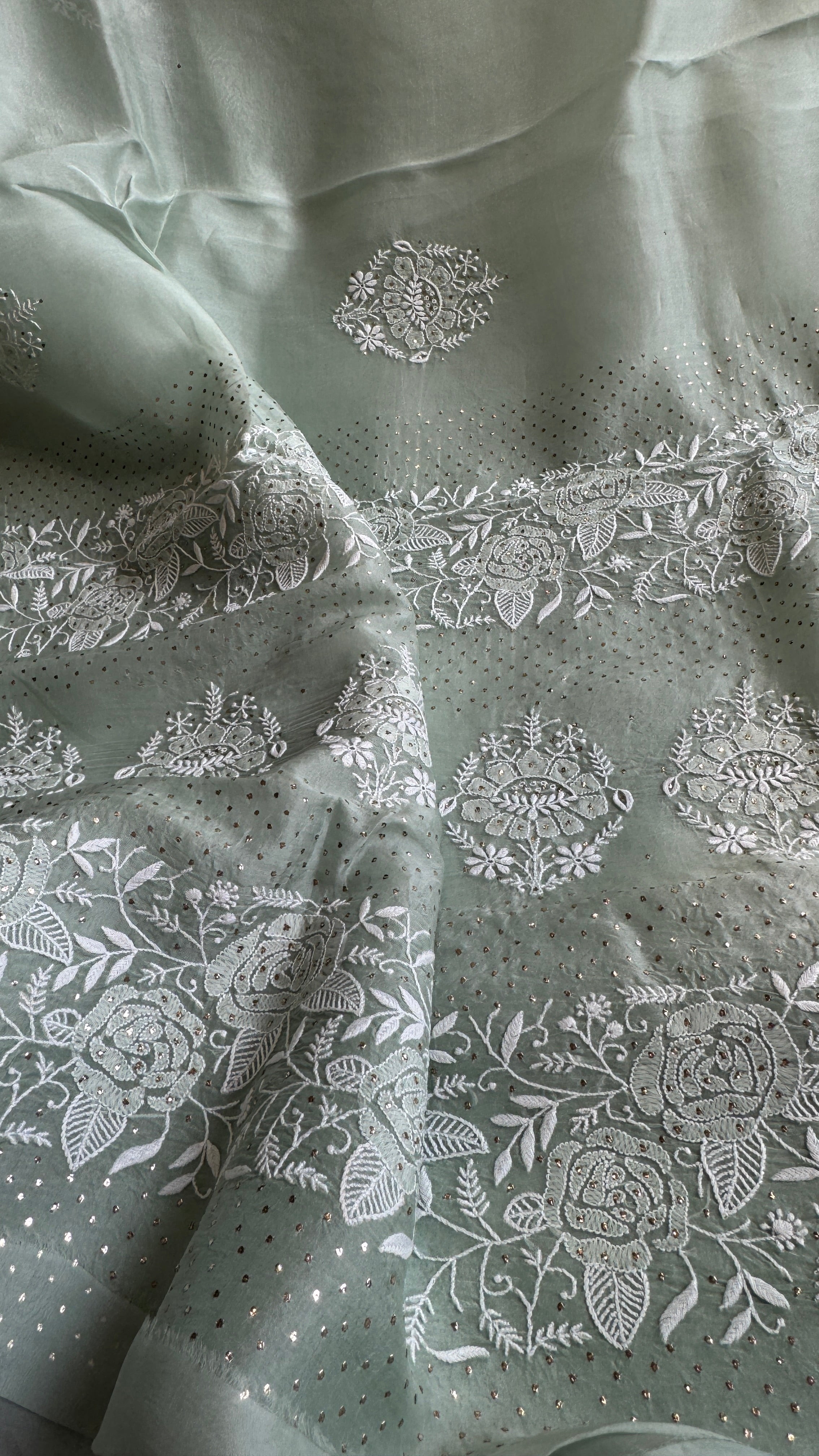 Pure organza Chikankari saree in Green with Mukaish work