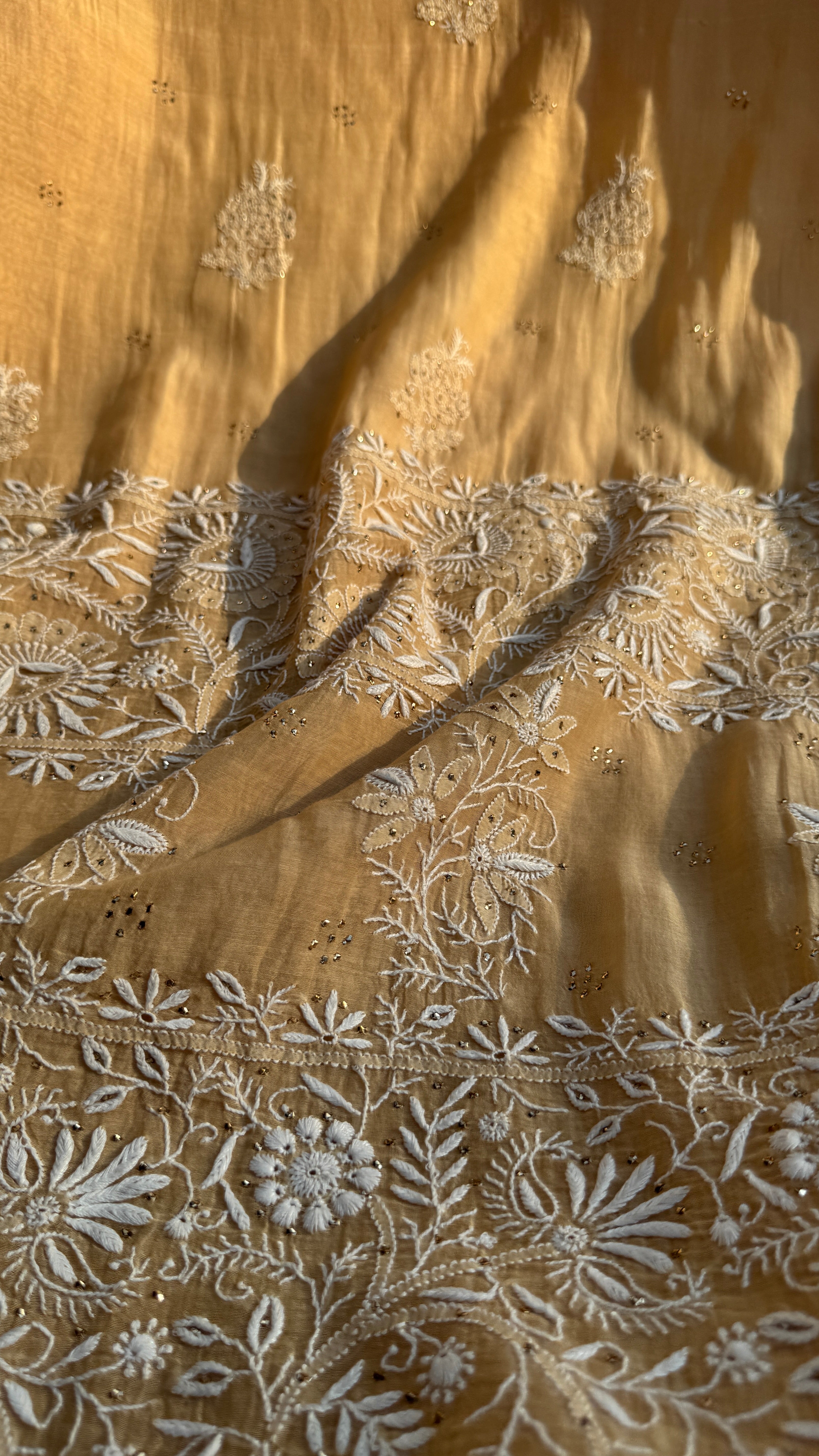 Pure Mul Chanderi Chikankari saree in Beige with Mukaish work
