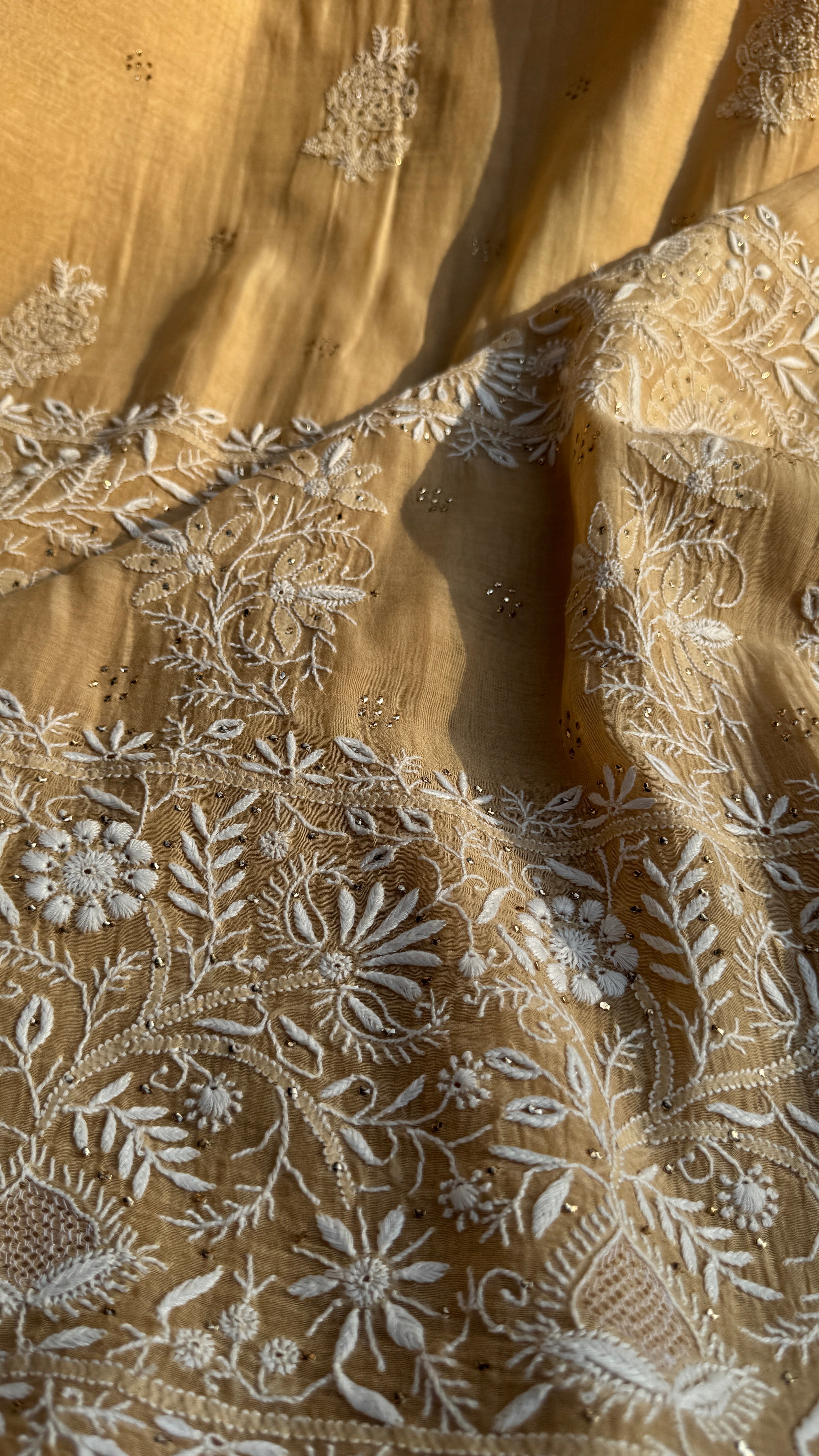 Pure Mul Chanderi Chikankari saree in Beige with Mukaish work
