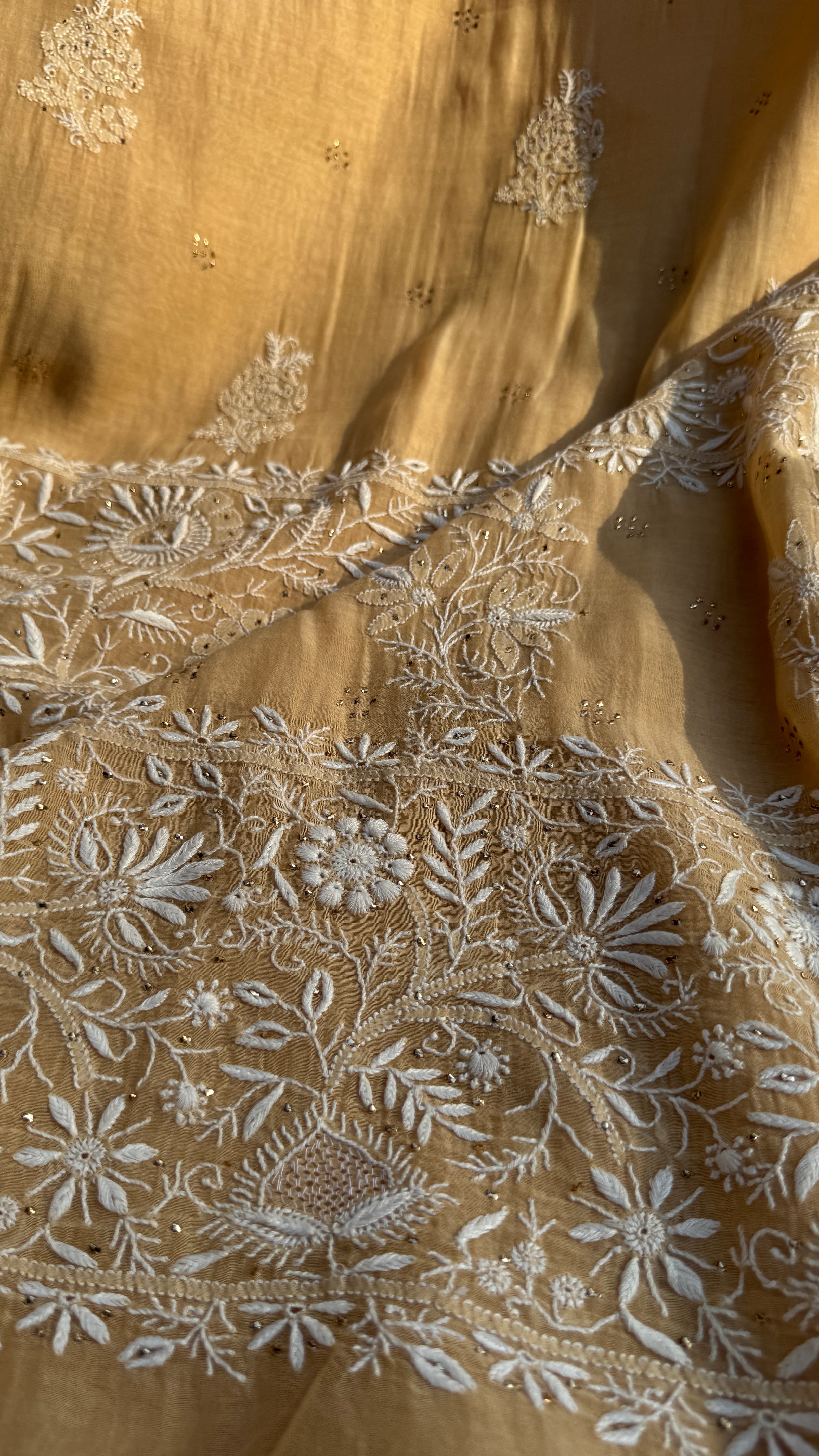 Pure Mul Chanderi Chikankari saree in Beige with Mukaish work