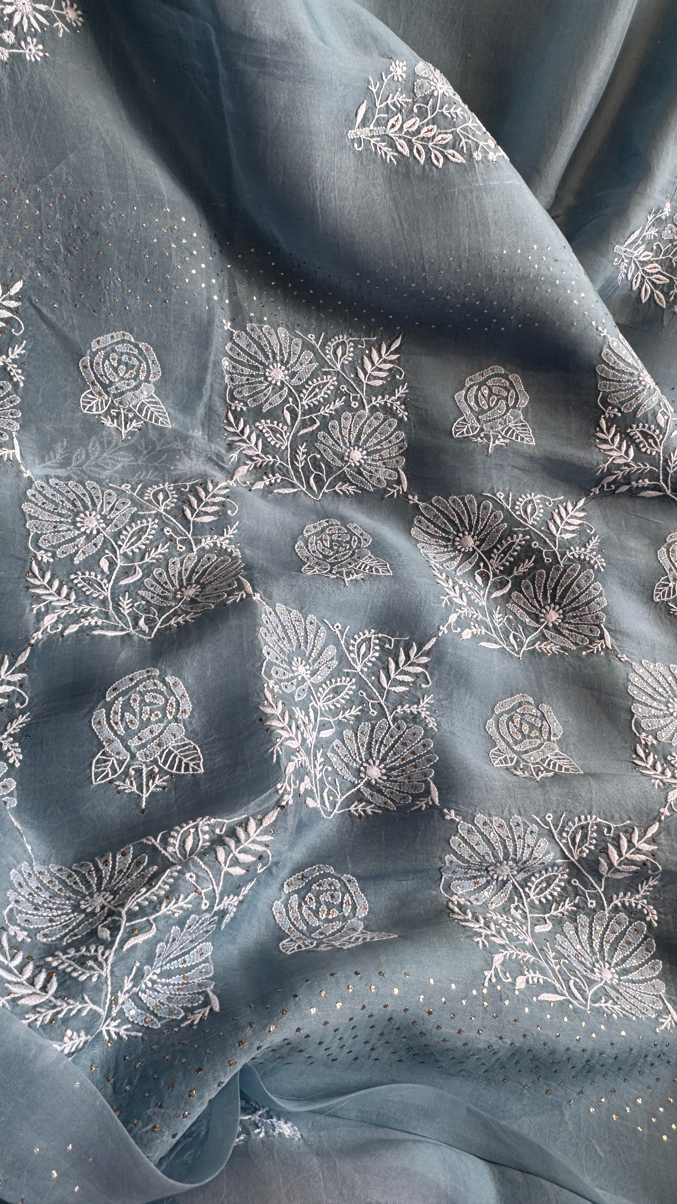 Pure organza Chikankari saree in Blue with Mukaish work