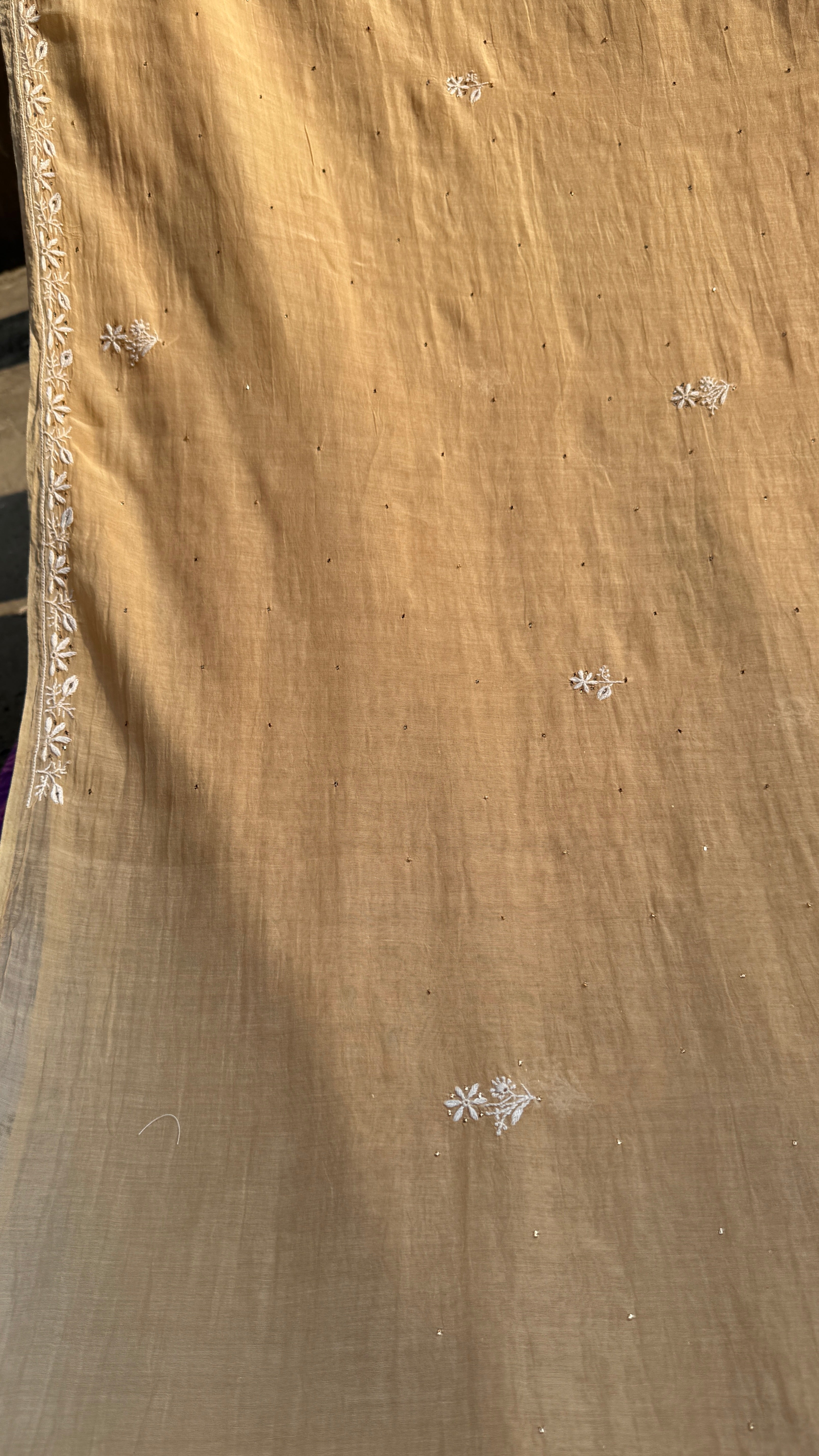 Pure Mul Chanderi Chikankari saree in Beige with Mukaish work