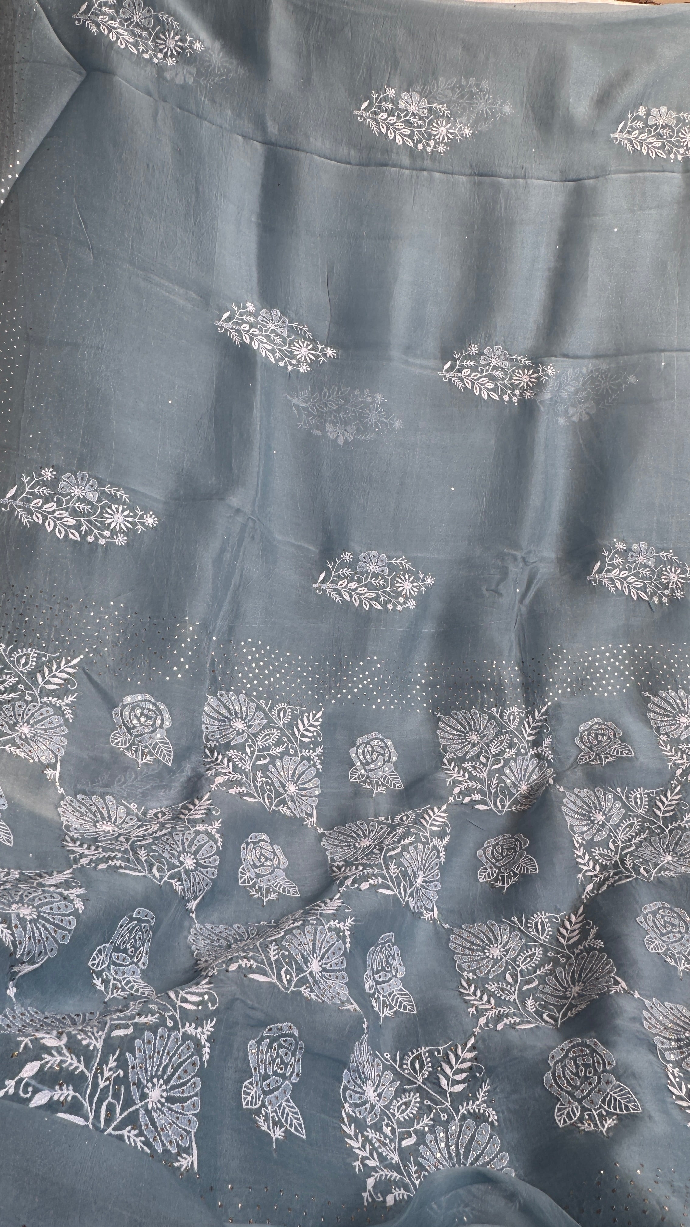 Pure organza Chikankari saree in Blue with Mukaish work