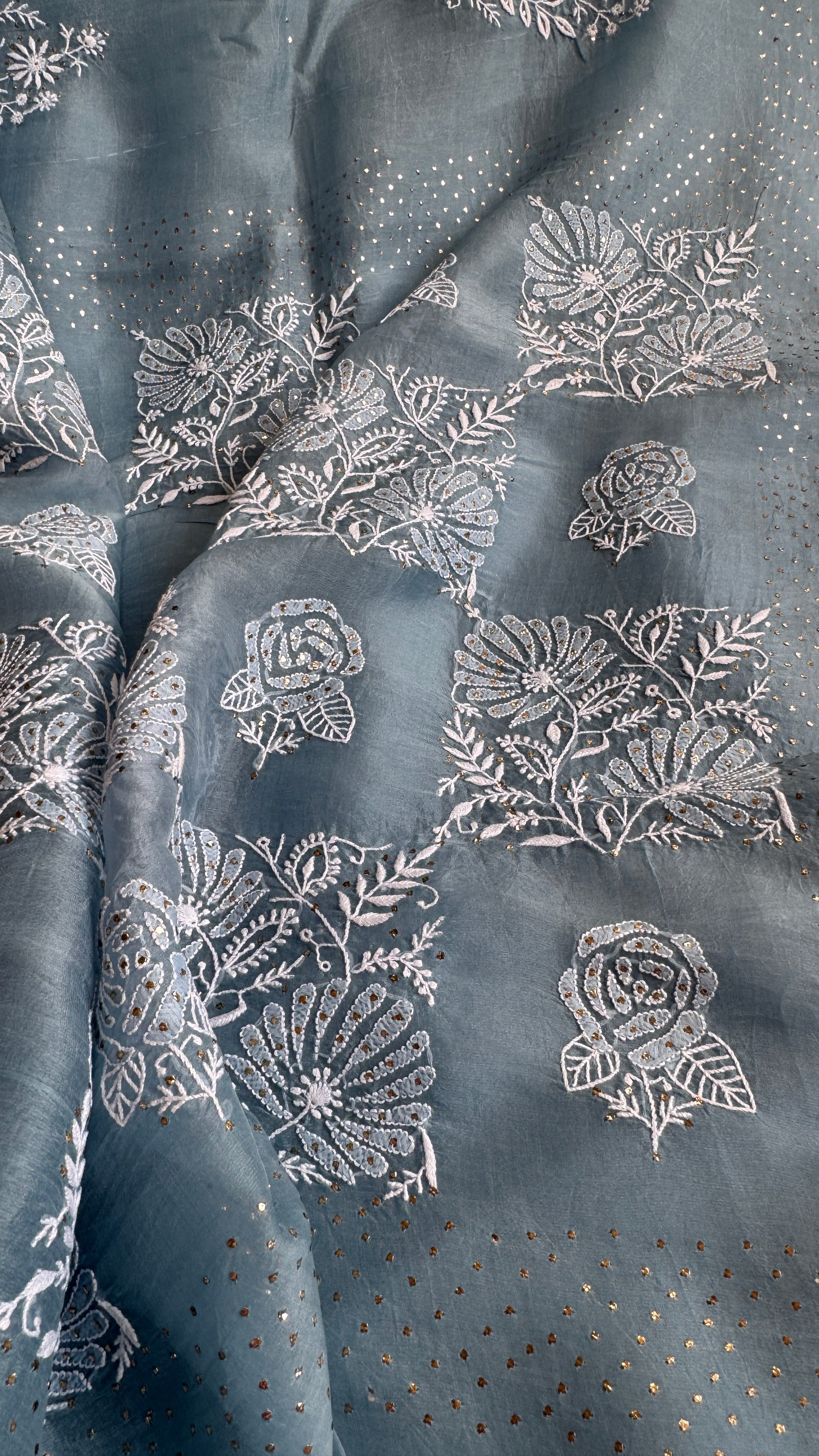 Pure organza Chikankari saree in Blue with Mukaish work