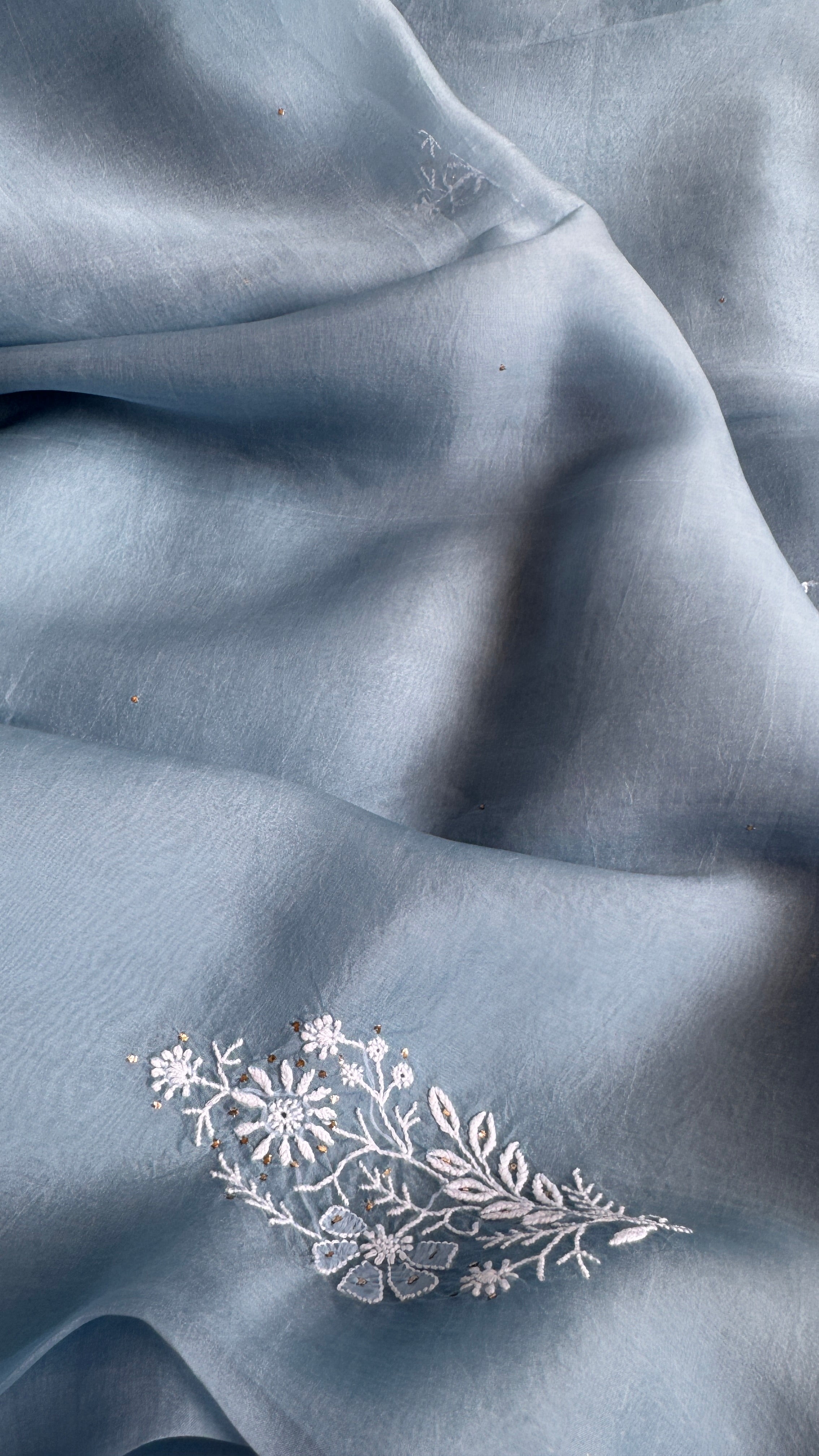 Pure organza Chikankari saree in Blue with Mukaish work