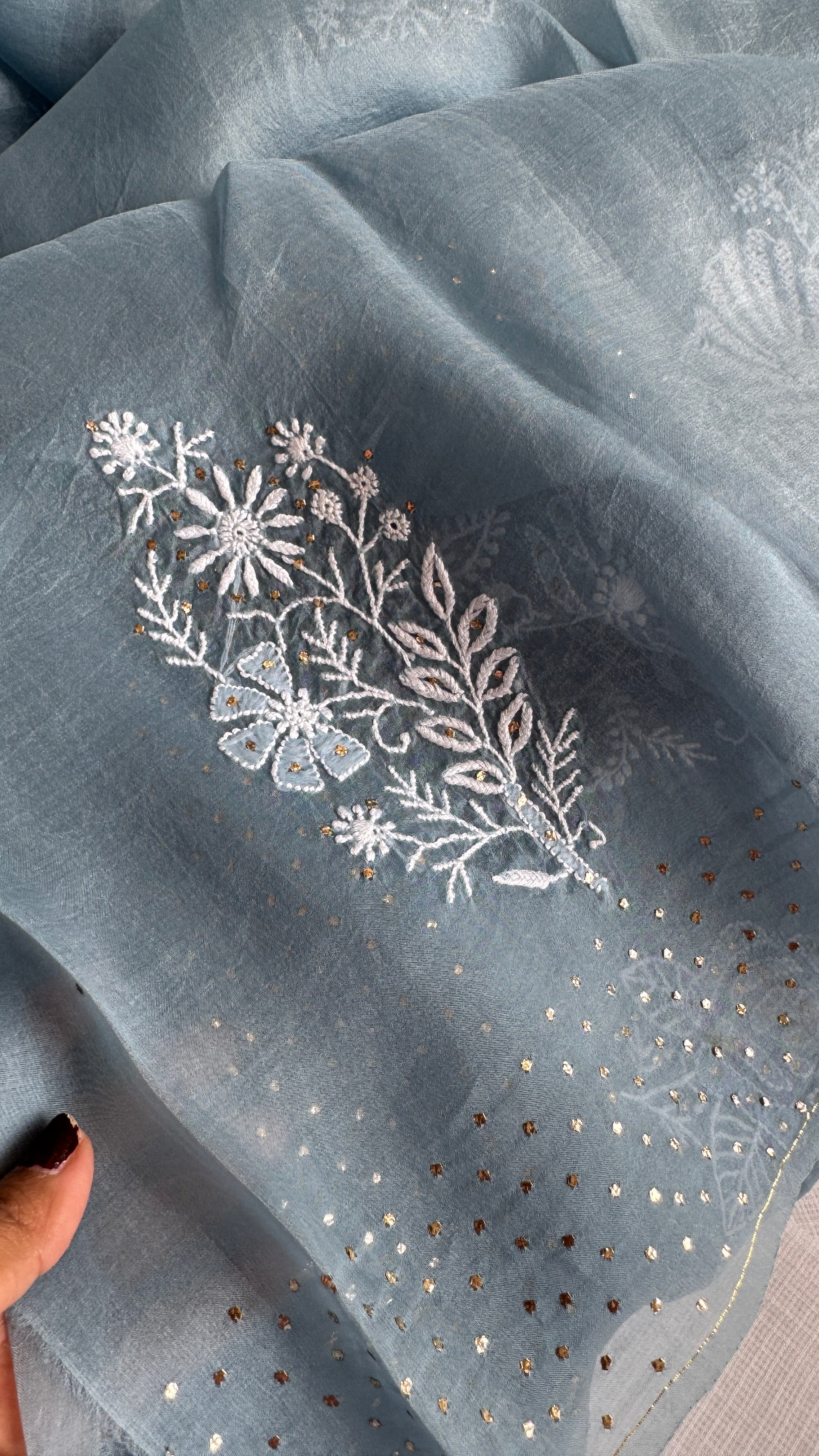 Pure organza Chikankari saree in Blue with Mukaish work