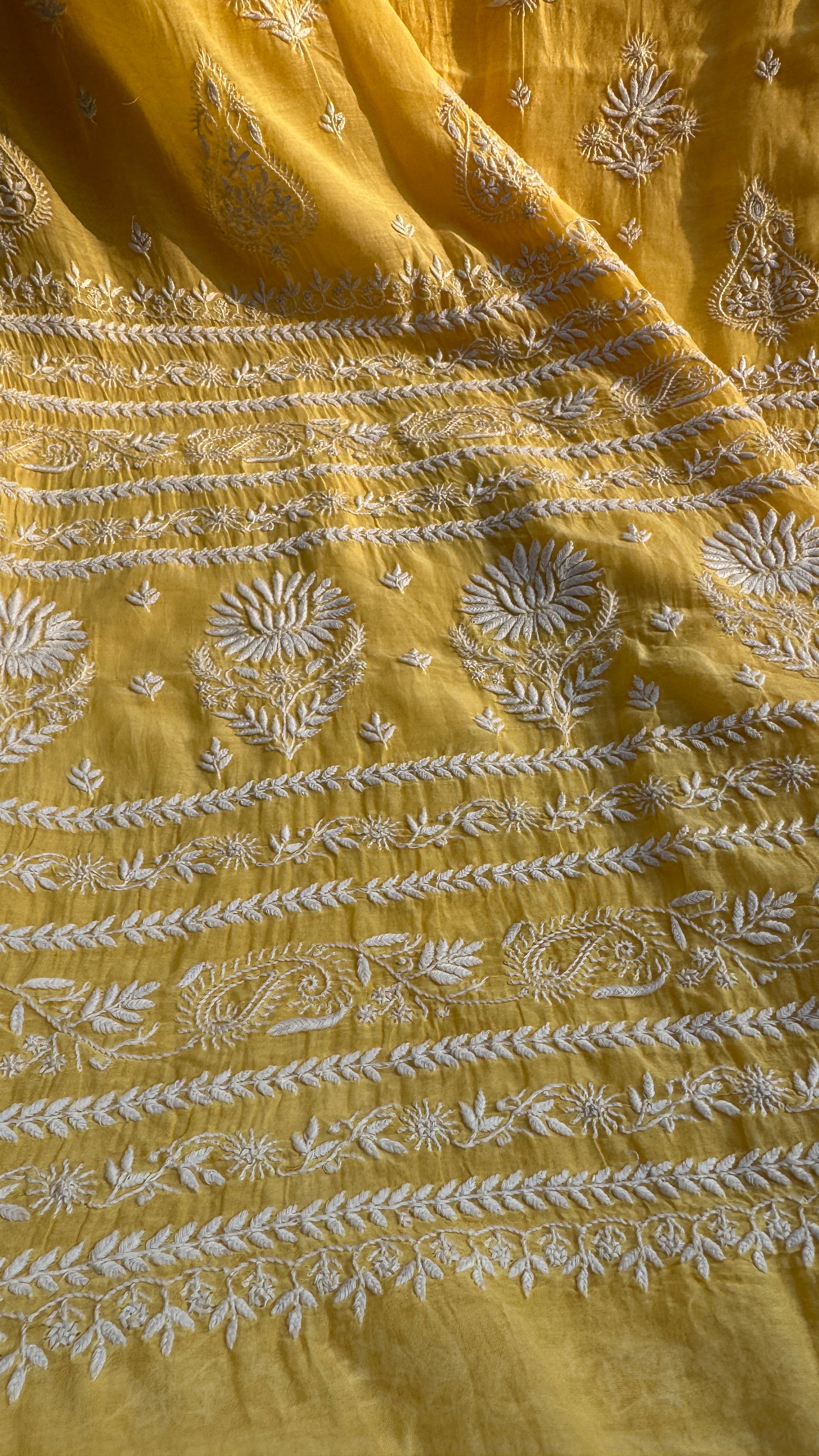 Pure Mul Chanderi Chikankari saree in Yellow