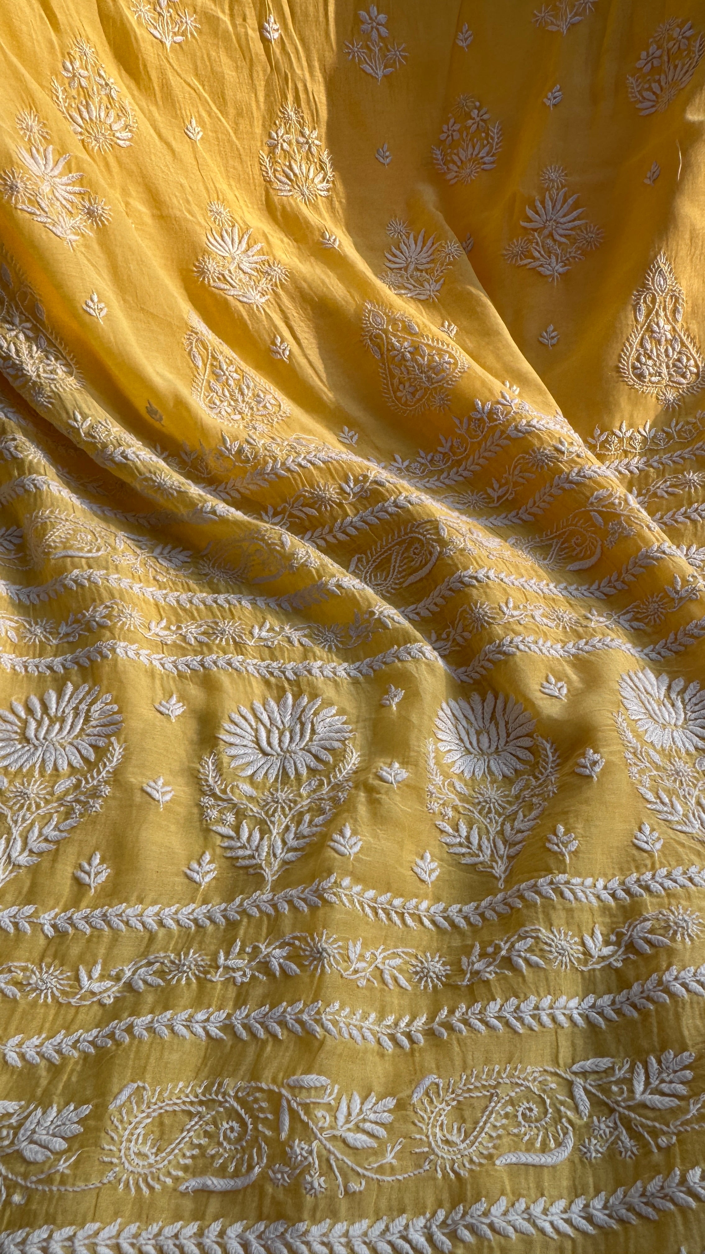 Pure Mul Chanderi Chikankari saree in Yellow