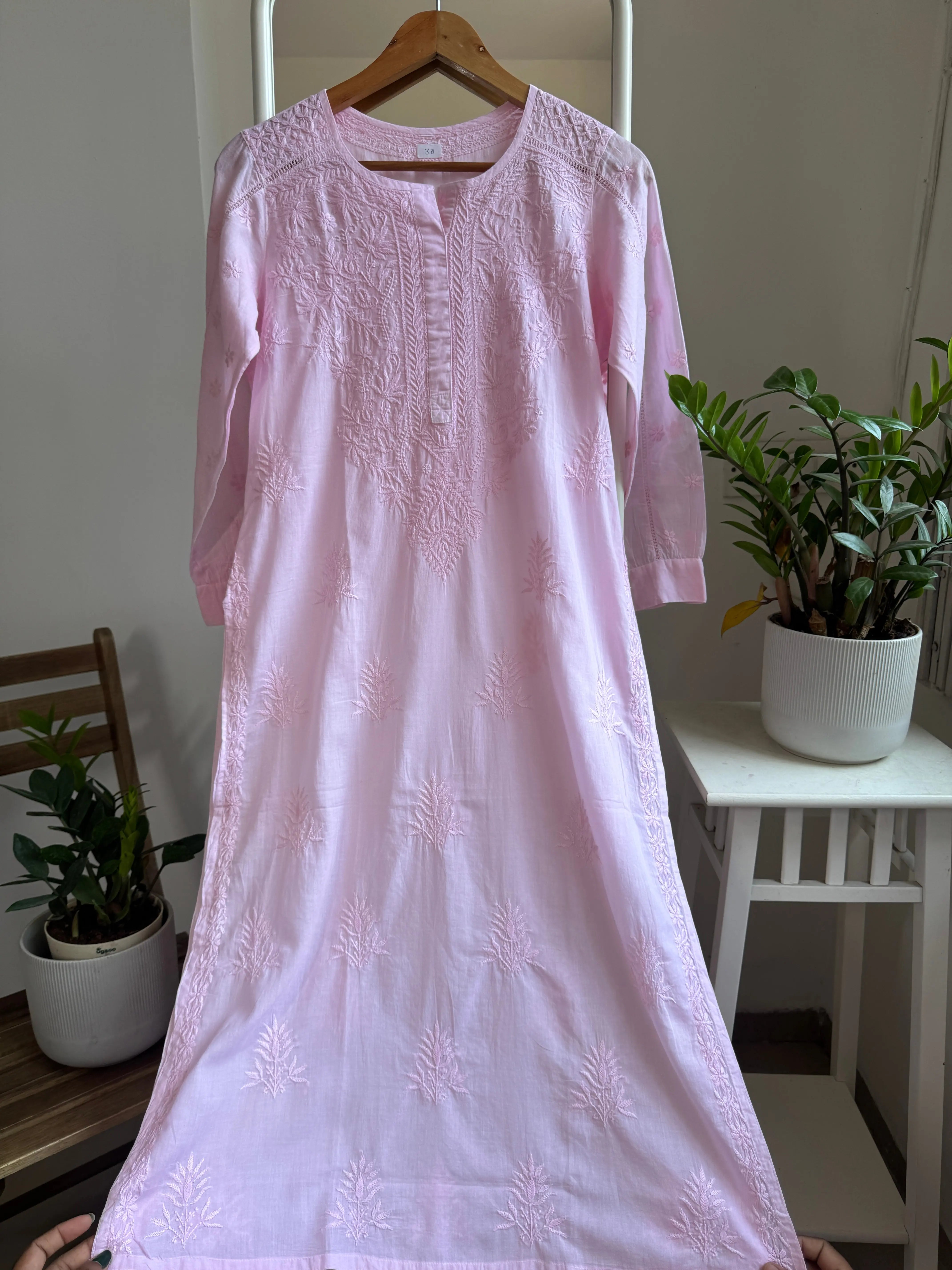 Mul Cotton Pink Chikankari Kurti - Saaz Collection ARIAA CHIKANKARI