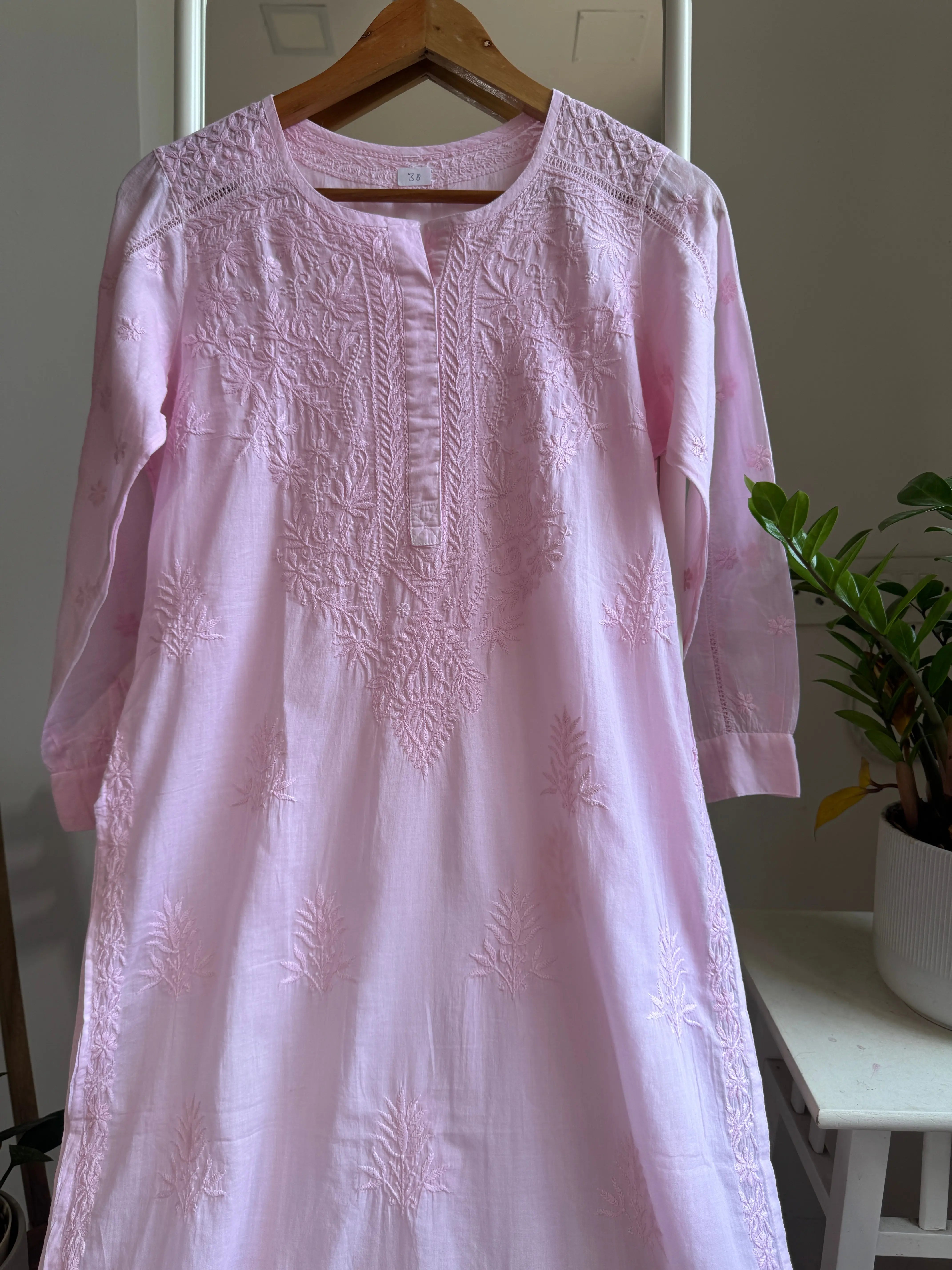 Mul Cotton Pink Chikankari Kurti - Saaz Collection ARIAA CHIKANKARI