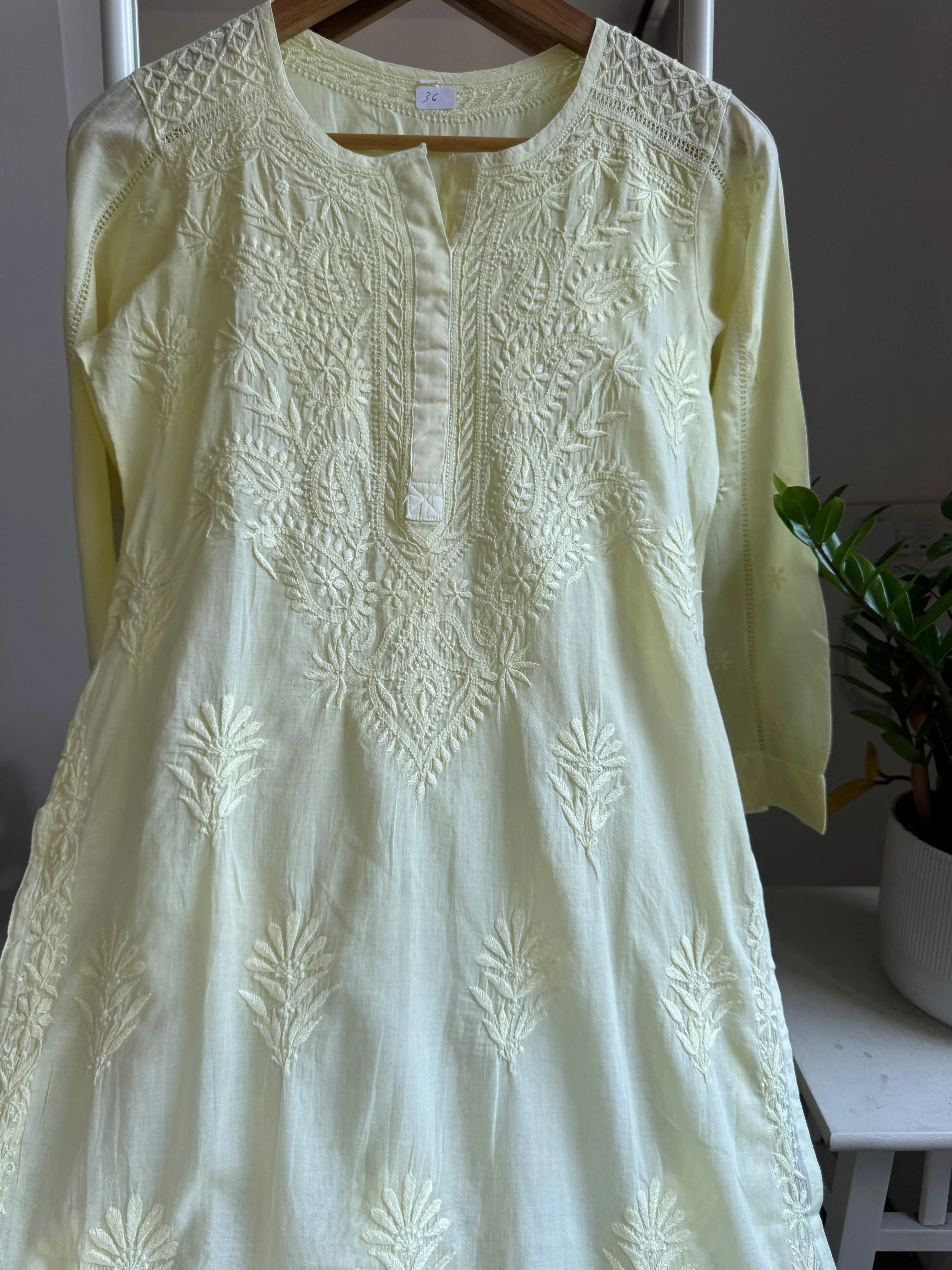 Mul Cotton Lemon Yellow Chikankari Kurti - Saaz Collection ARIAA CHIKANKARI