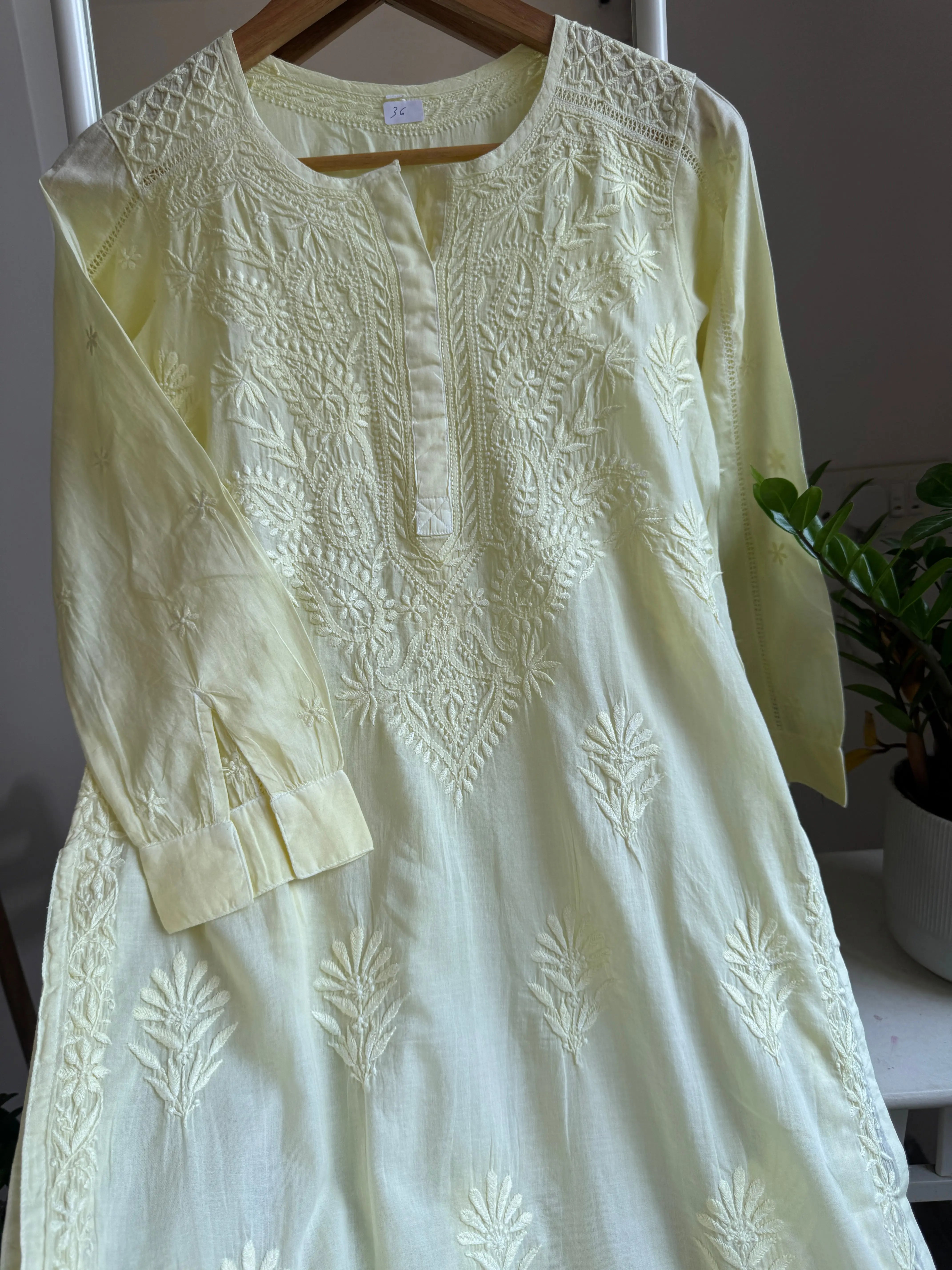 Mul Cotton Lemon Yellow Chikankari Kurti - Saaz Collection ARIAA CHIKANKARI