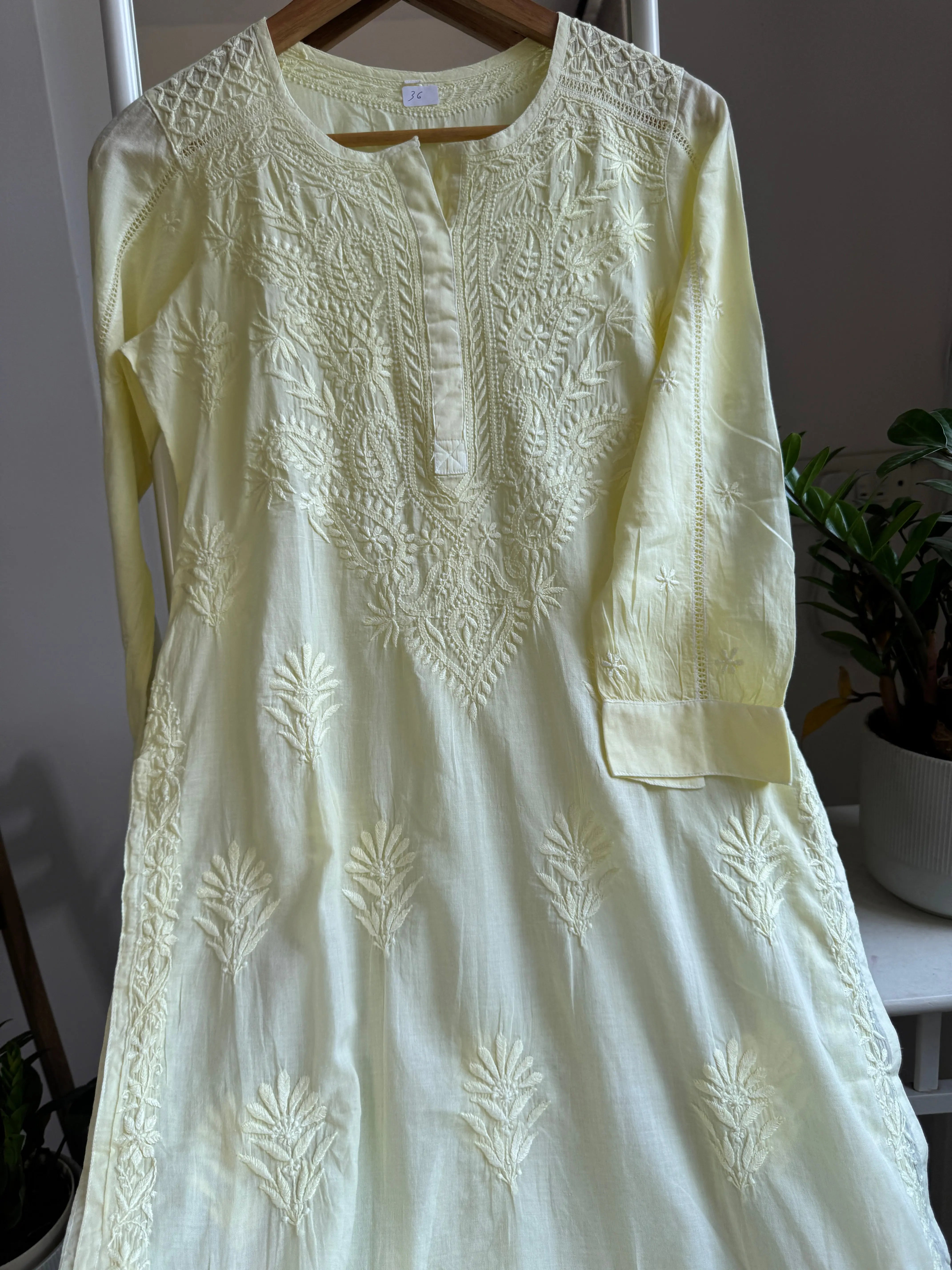 Mul Cotton Lemon Yellow Chikankari Kurti - Saaz Collection ARIAA CHIKANKARI