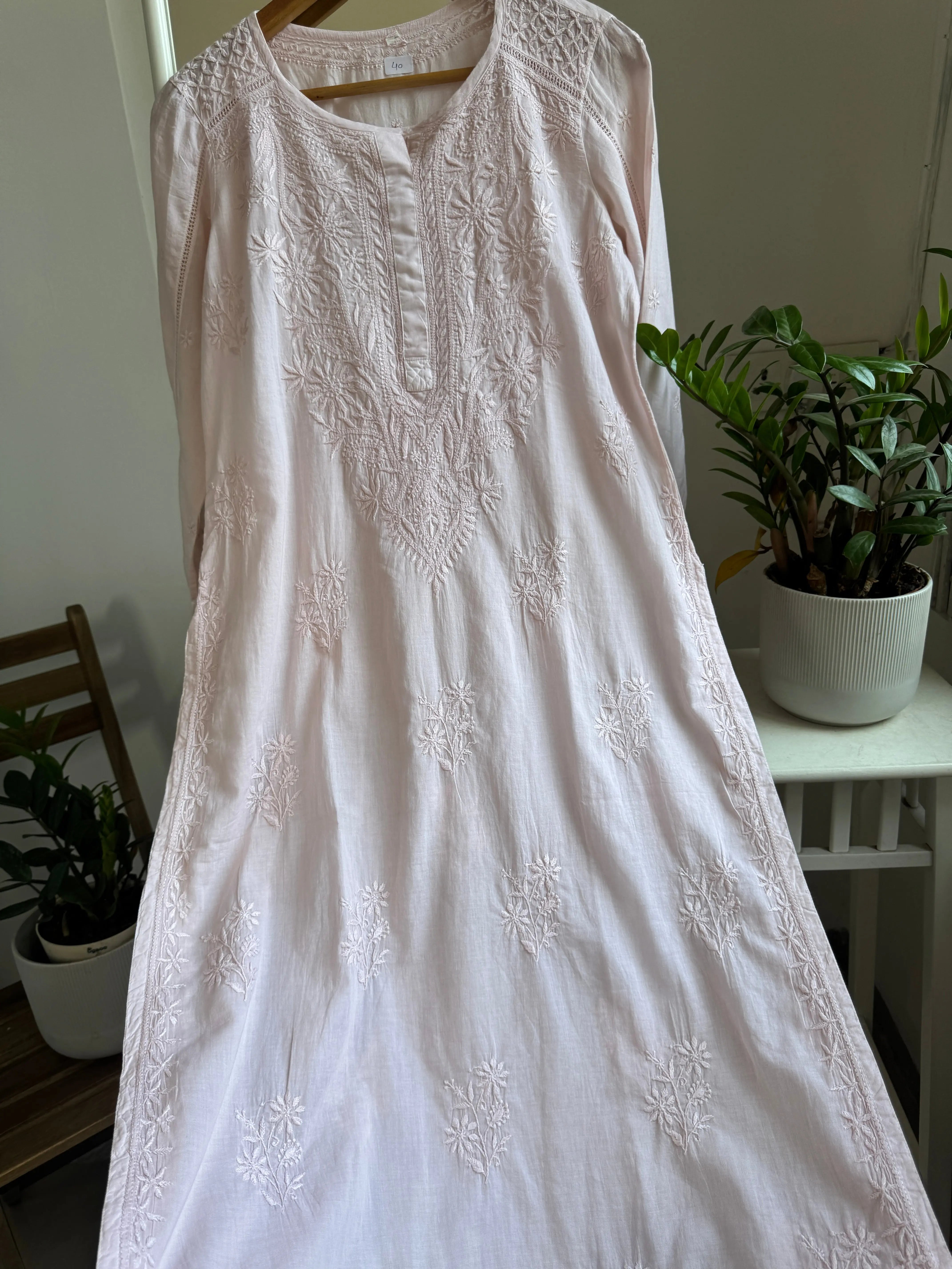 Mul Cotton Pale Pink Chikankari Kurti - Saaz Collection ARIAA CHIKANKARI