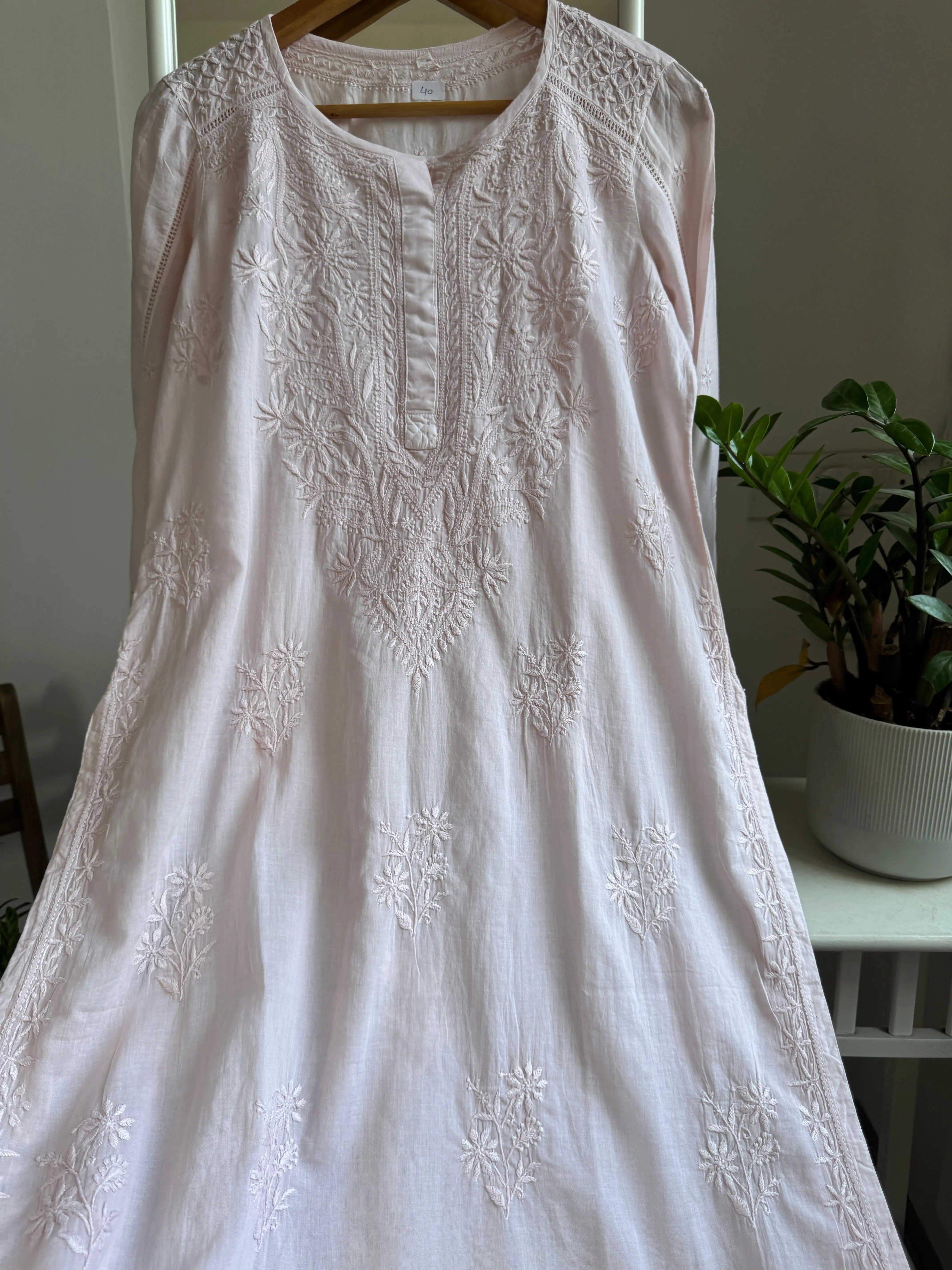 Mul Cotton Pale Pink Chikankari Kurti - Saaz Collection ARIAA CHIKANKARI