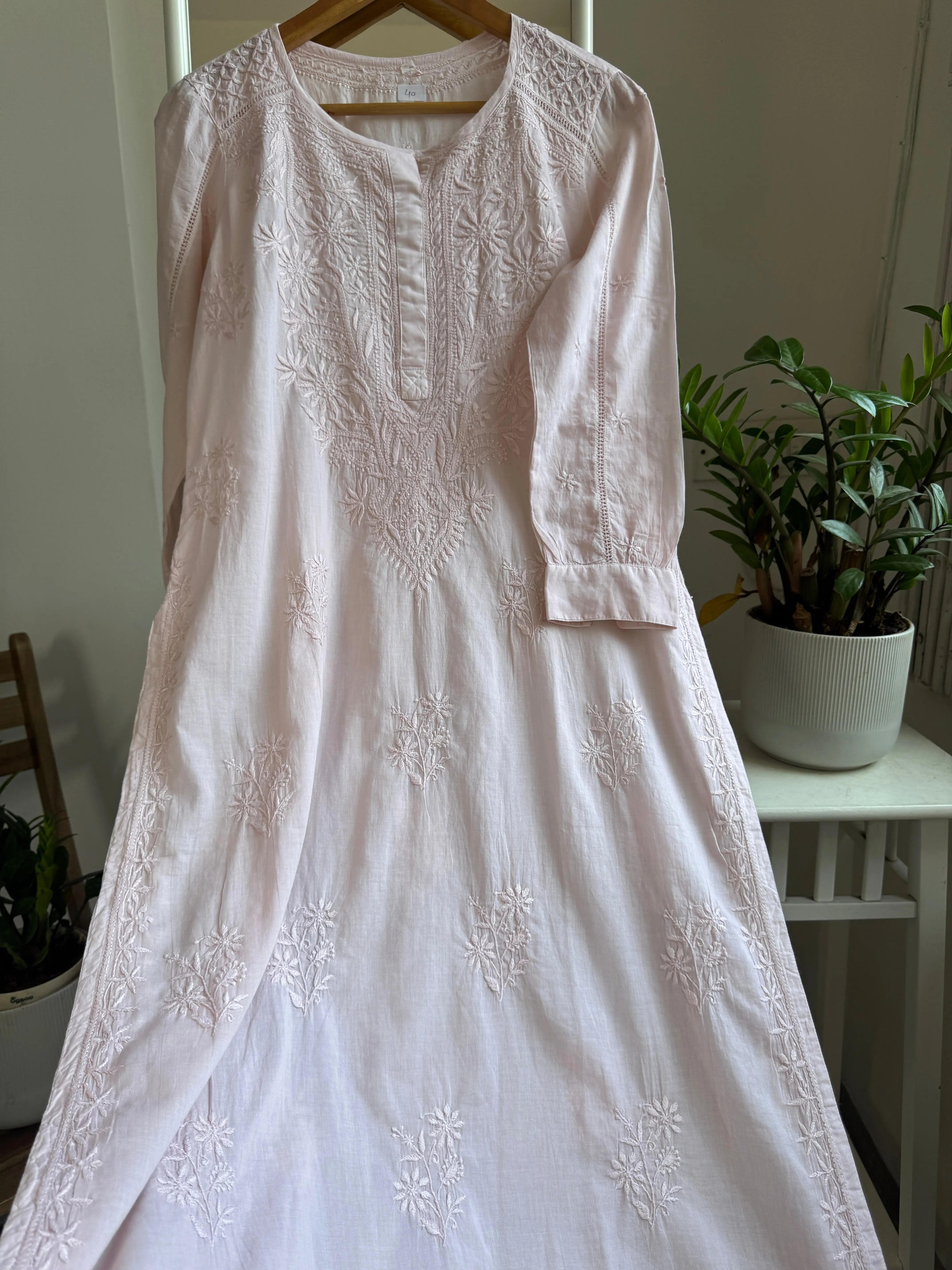 Mul Cotton Pale Pink Chikankari Kurti - Saaz Collection ARIAA CHIKANKARI