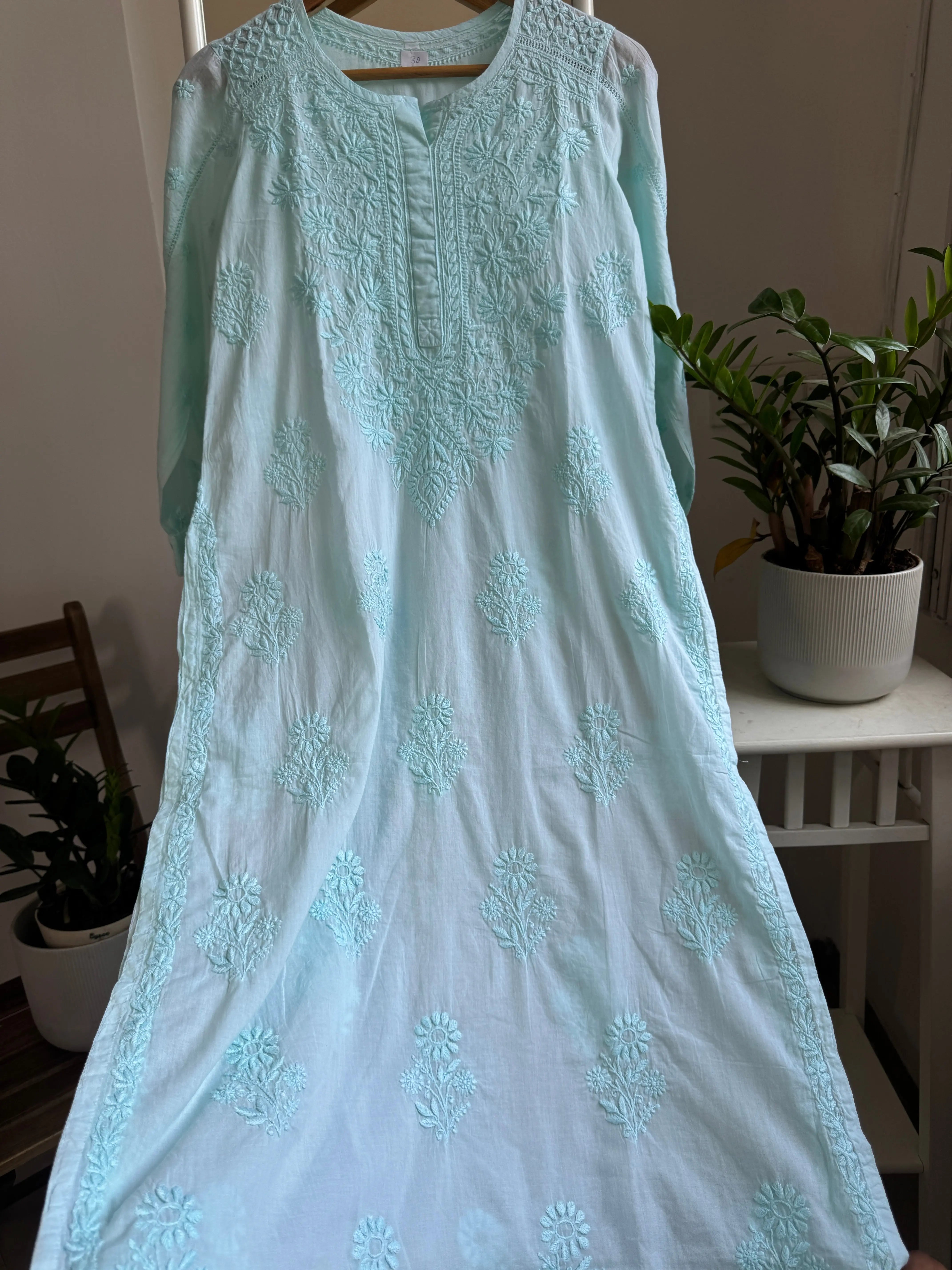 Mul Cotton Cyan Green Chikankari Kurti - Saaz Collection ARIAA CHIKANKARI