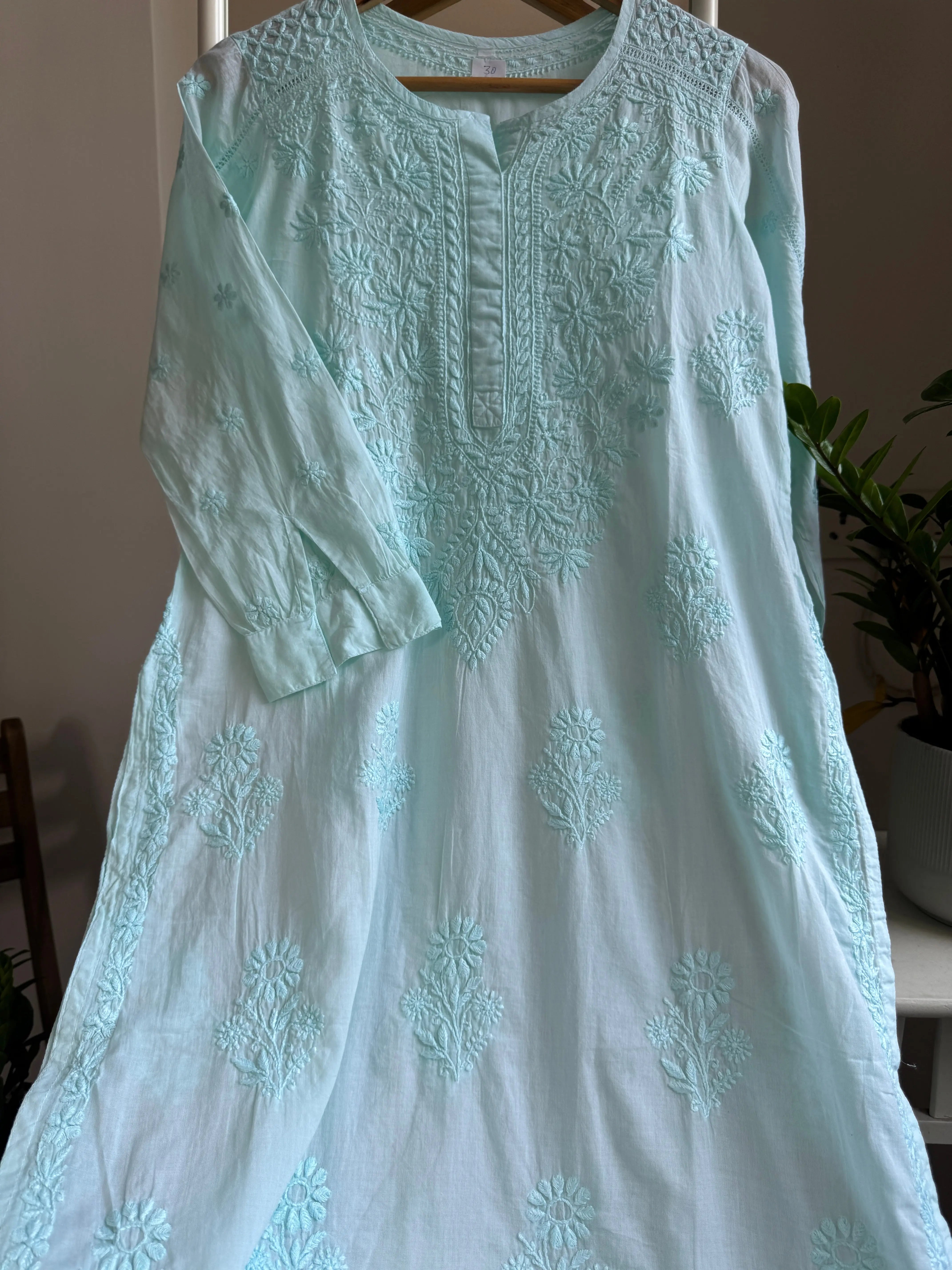 Mul Cotton Cyan Green Chikankari Kurti - Saaz Collection ARIAA CHIKANKARI