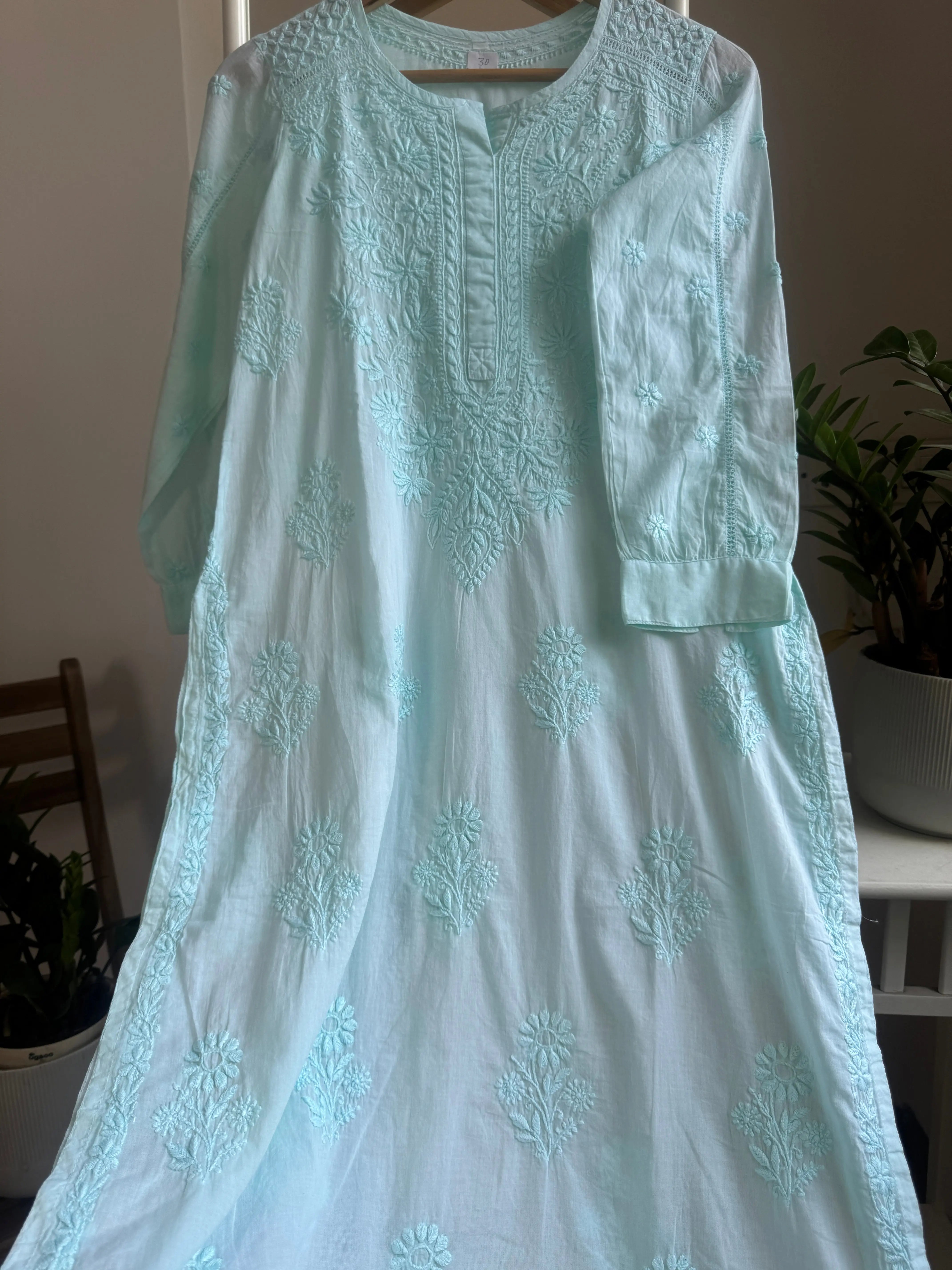 Mul Cotton Cyan Green Chikankari Kurti - Saaz Collection ARIAA CHIKANKARI