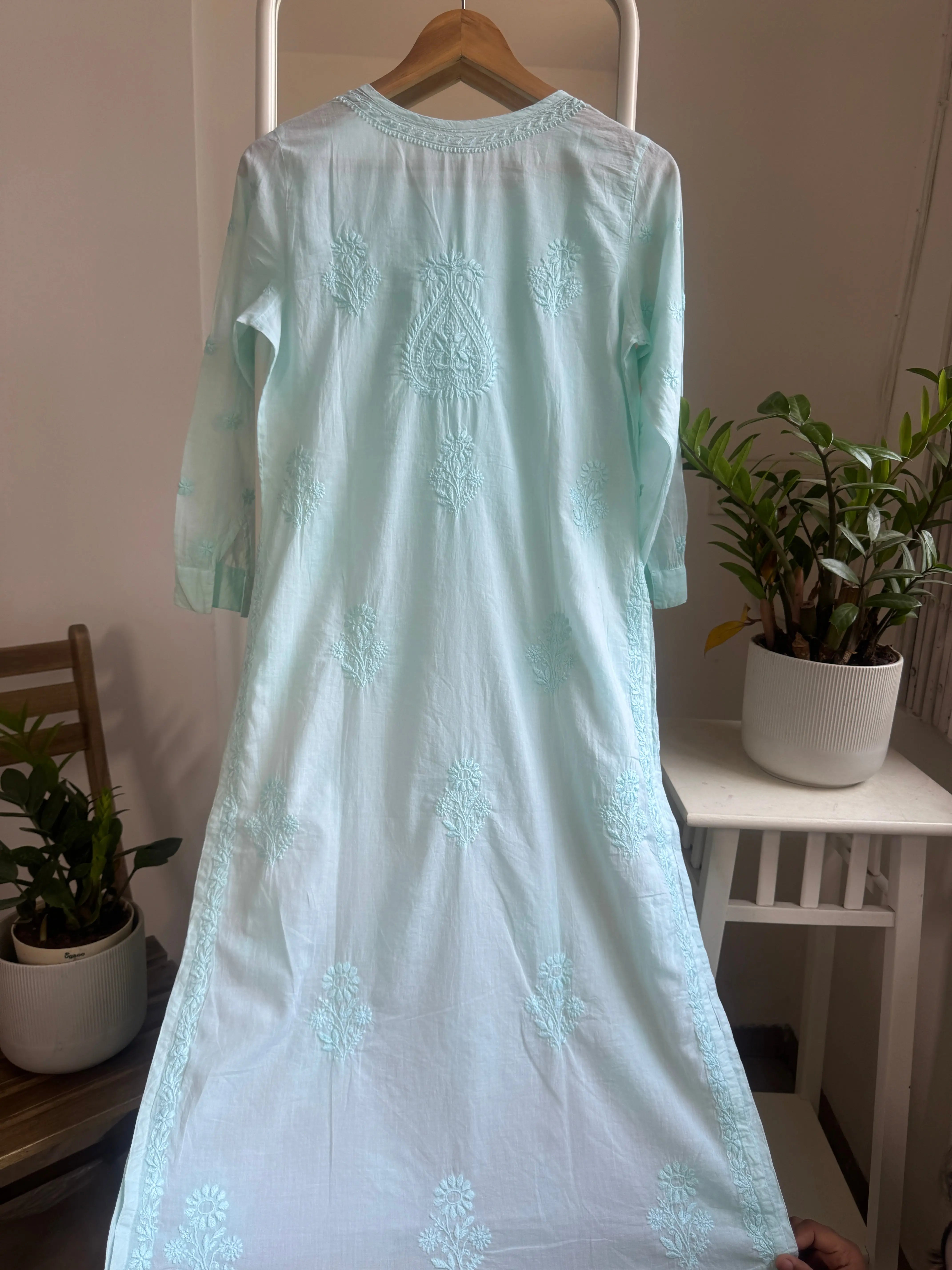Mul Cotton Cyan Green Chikankari Kurti - Saaz Collection ARIAA CHIKANKARI