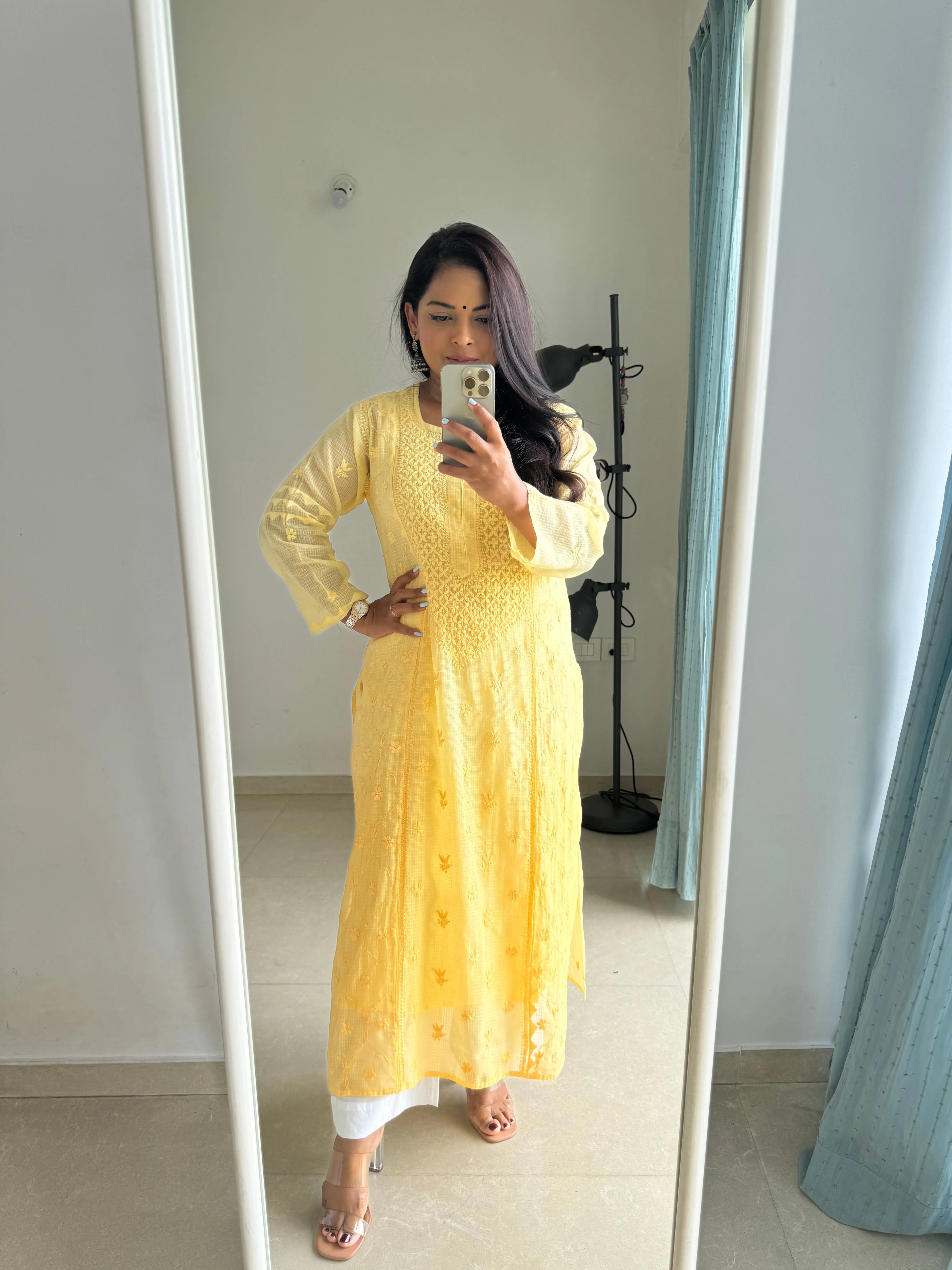 Kota Soft Cotton Chikankari Kurti - Yellow ARIAA CHIKANKARI
