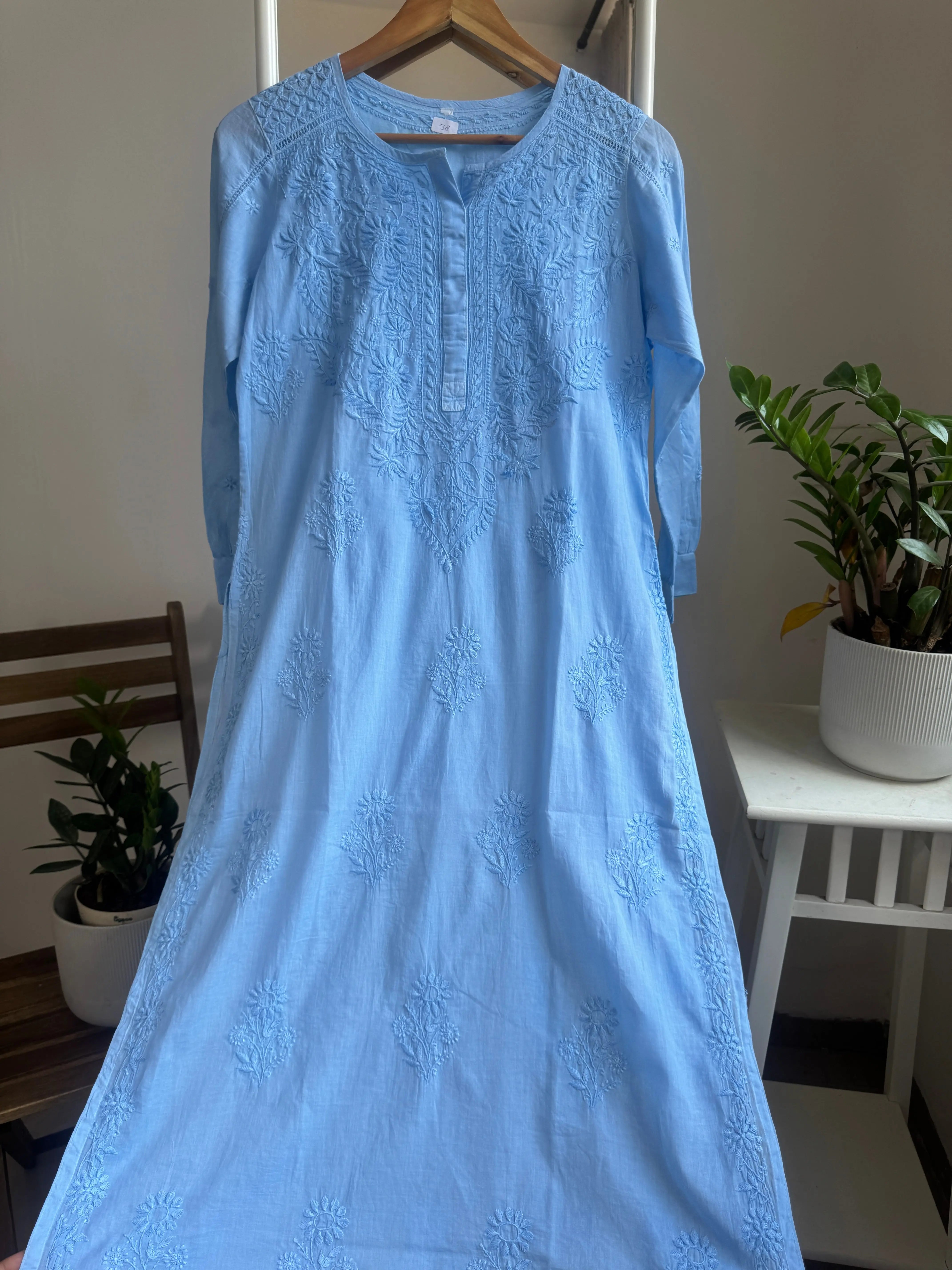 Mul Cotton Blue Chikankari Kurti - Saaz Collection ARIAA CHIKANKARI