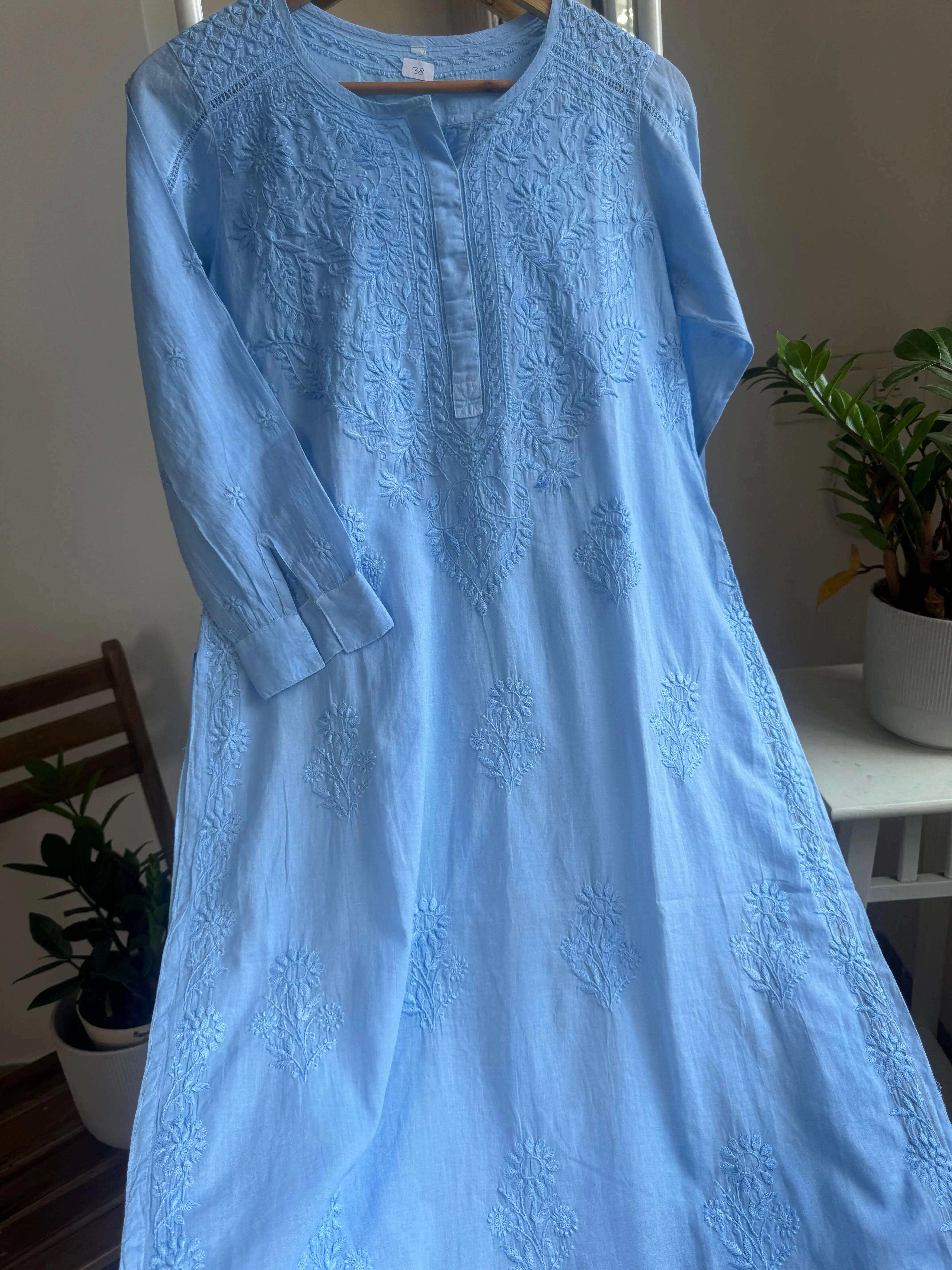 Mul Cotton Blue Chikankari Kurti - Saaz Collection ARIAA CHIKANKARI